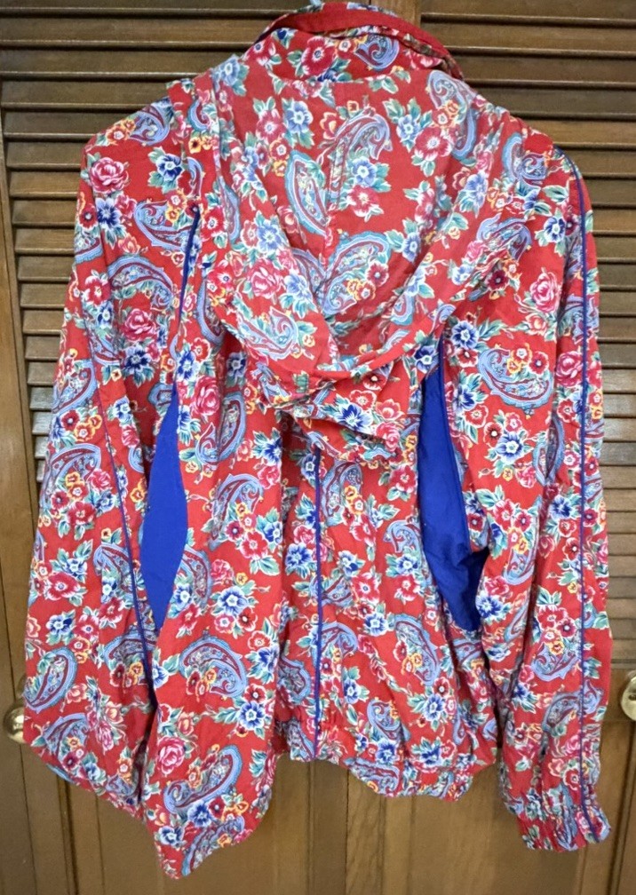 Lizsport Floral Paisley Hooded Windbreaker Jacket Red Cottagecore Preppy Size L