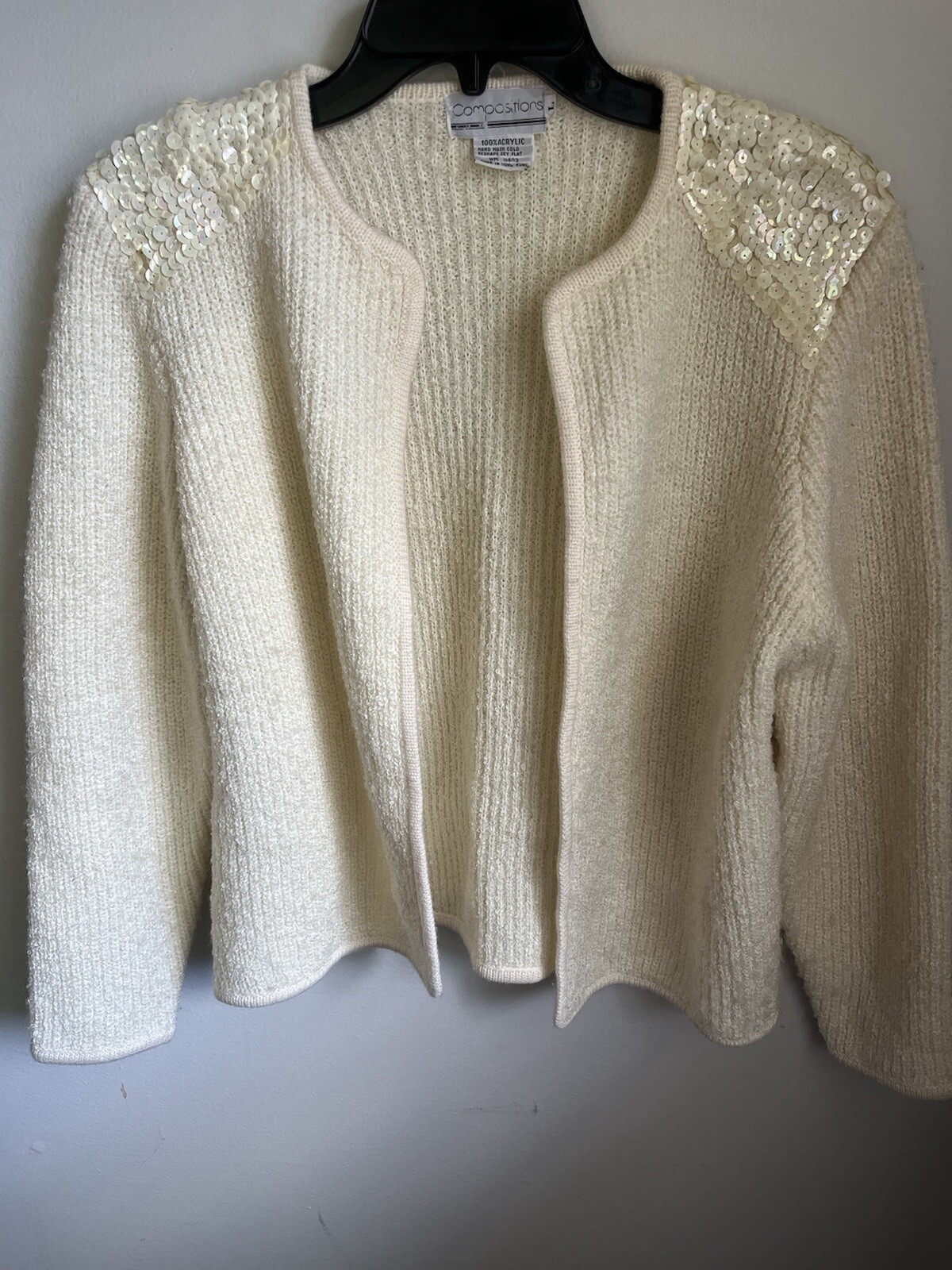 Compositions Vintage Sweater Knit Cardigan Open Front 70s Chunky Sequins Large