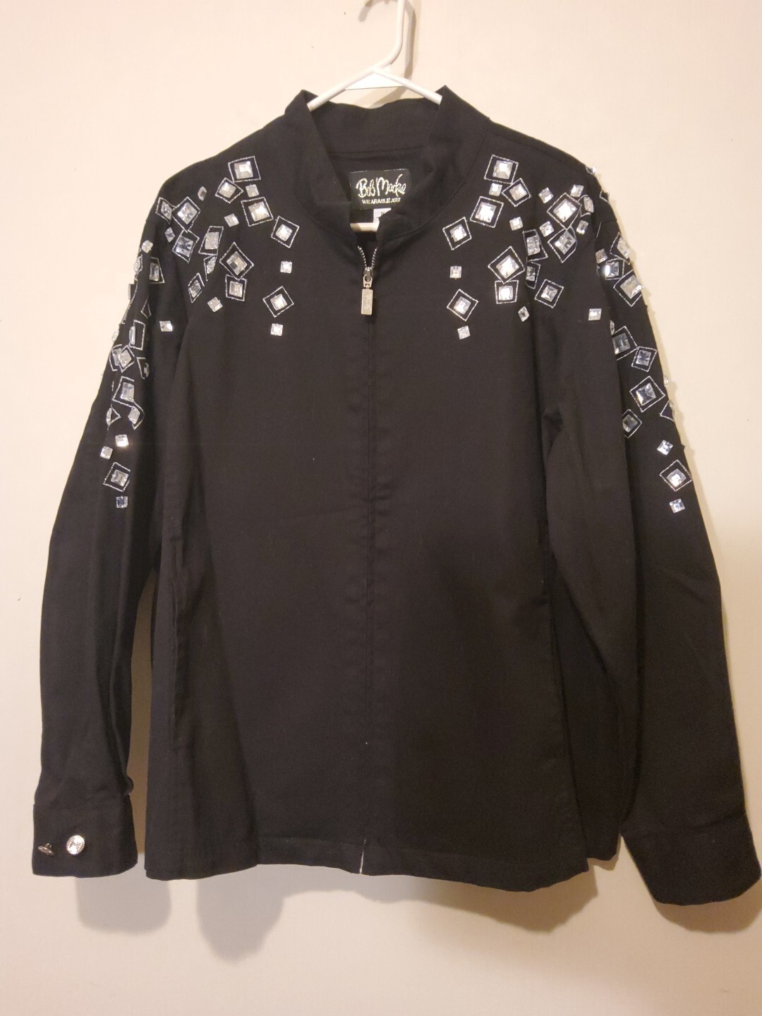Vintage Bob Mackie Black Rhinestones Long Sleeve Bling Zip Jacket Women’s sz 1X