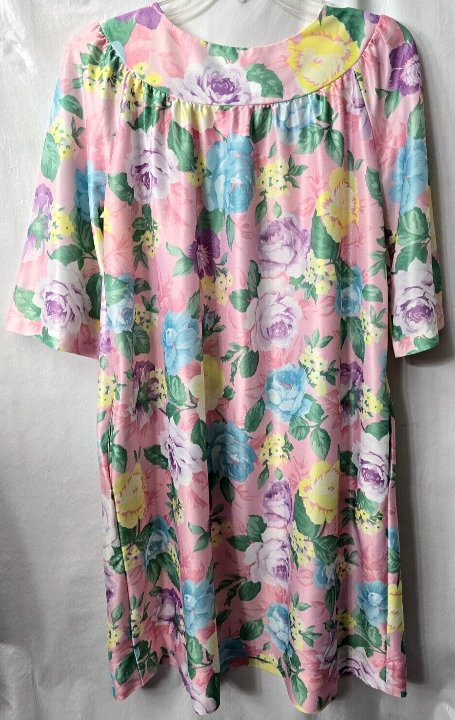 Vintage Caftan Satin Nightie Dress M L Night Gown Mrs Roper Floral Beach 80s 90s