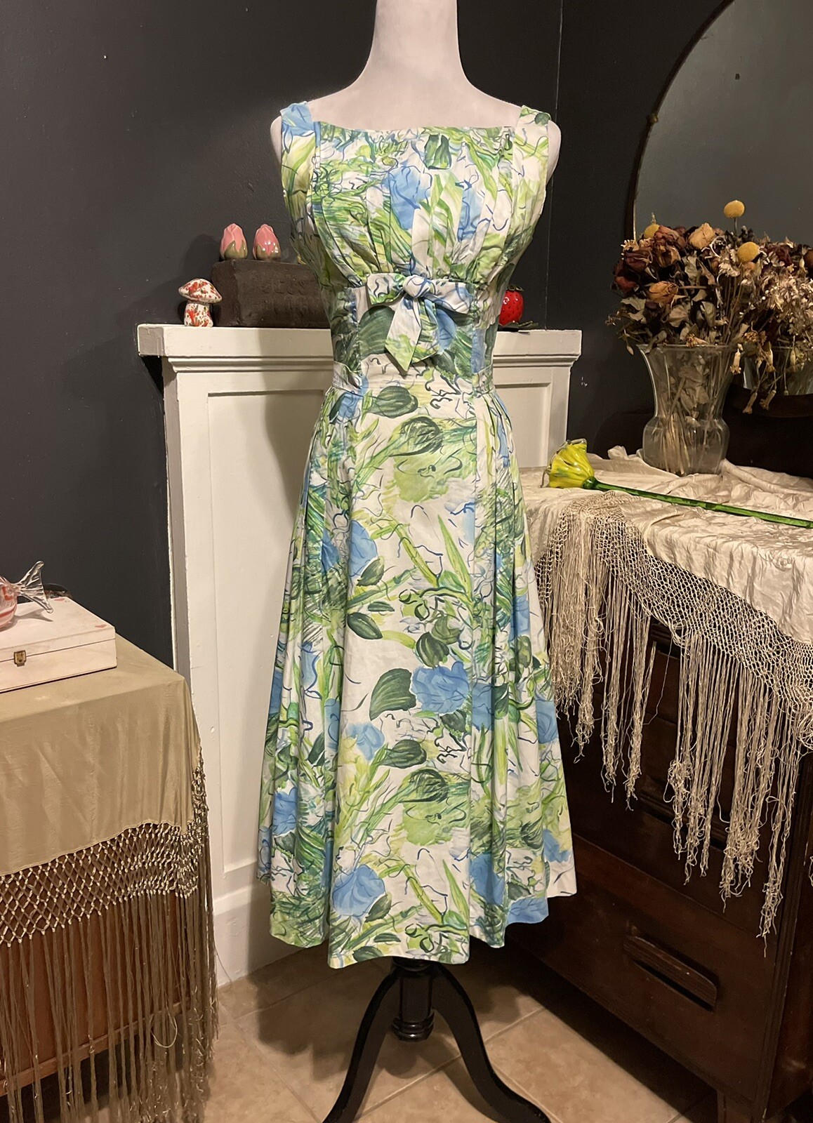 1950’s Vintage Water Color Floral Summer Dress Blues Greens