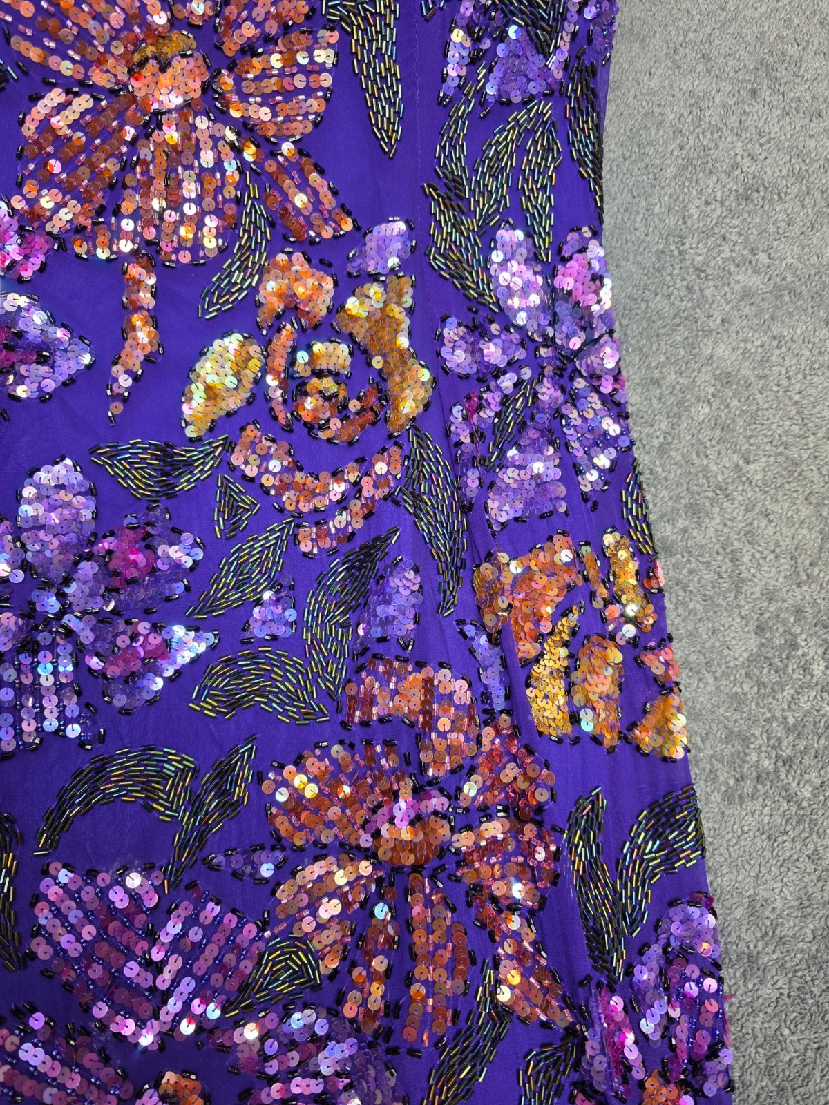 Vintage Oleg Cassini Silk Beaded Sequin Floral Evening Dress Purple Sz 14