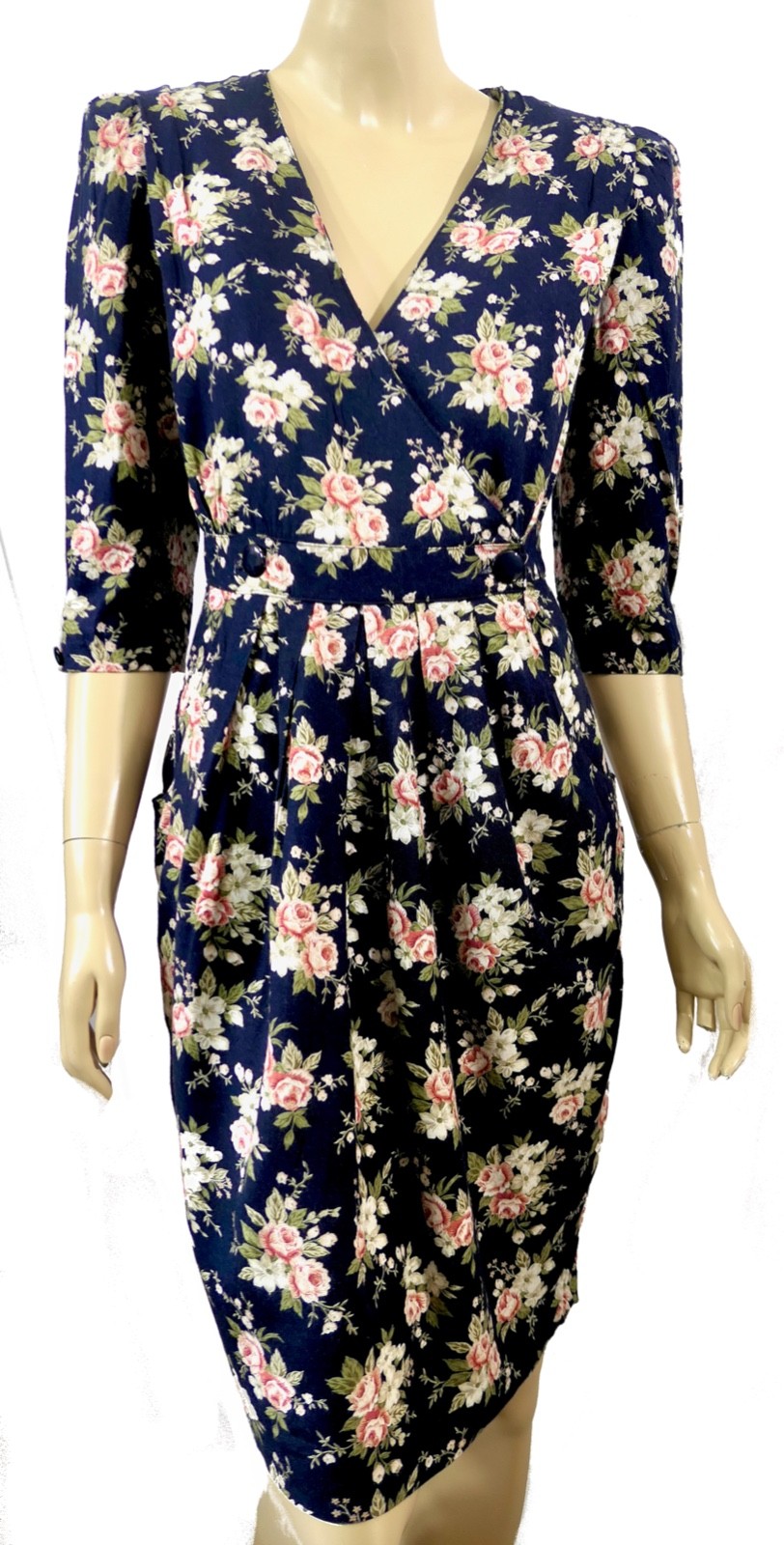 Vintage 80s Wrap Petite Dress Cottage Calico Wiggle Rayon Girl Power Pockets M/L
