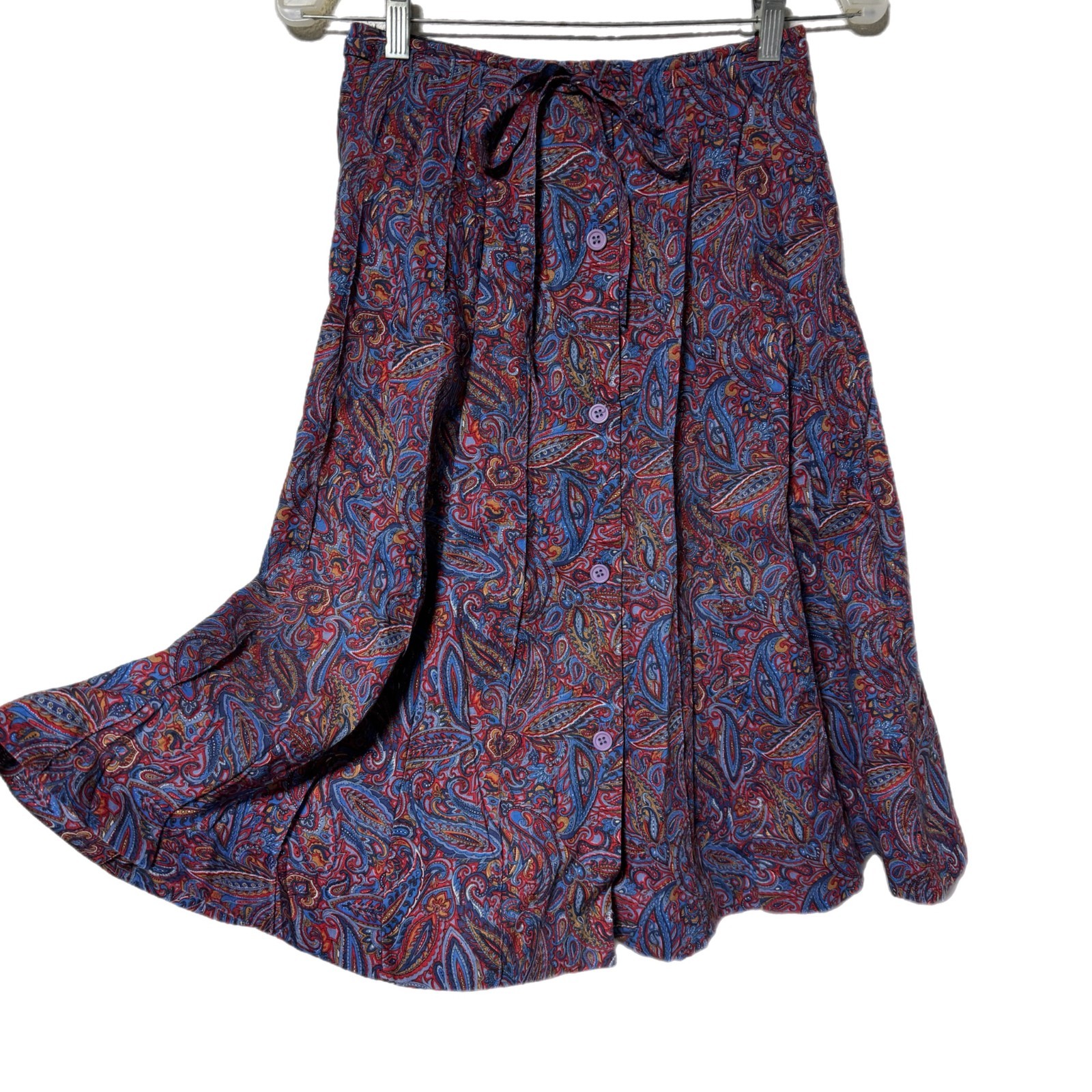 Vtg 60s Herman Geist Jewel Tone Paisley Pleated Button Up Midi Skirt Small 10