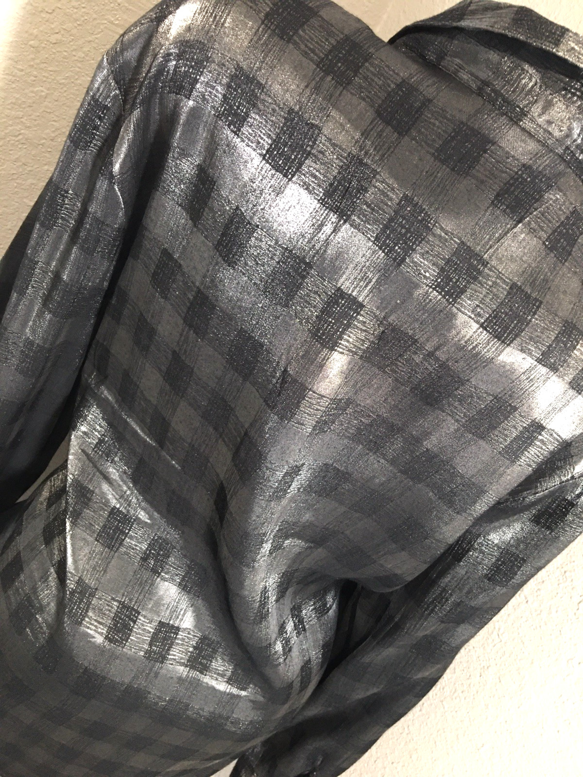 Vtg Silver Metallic Button Up Shiny Rayon Shirt Top XL