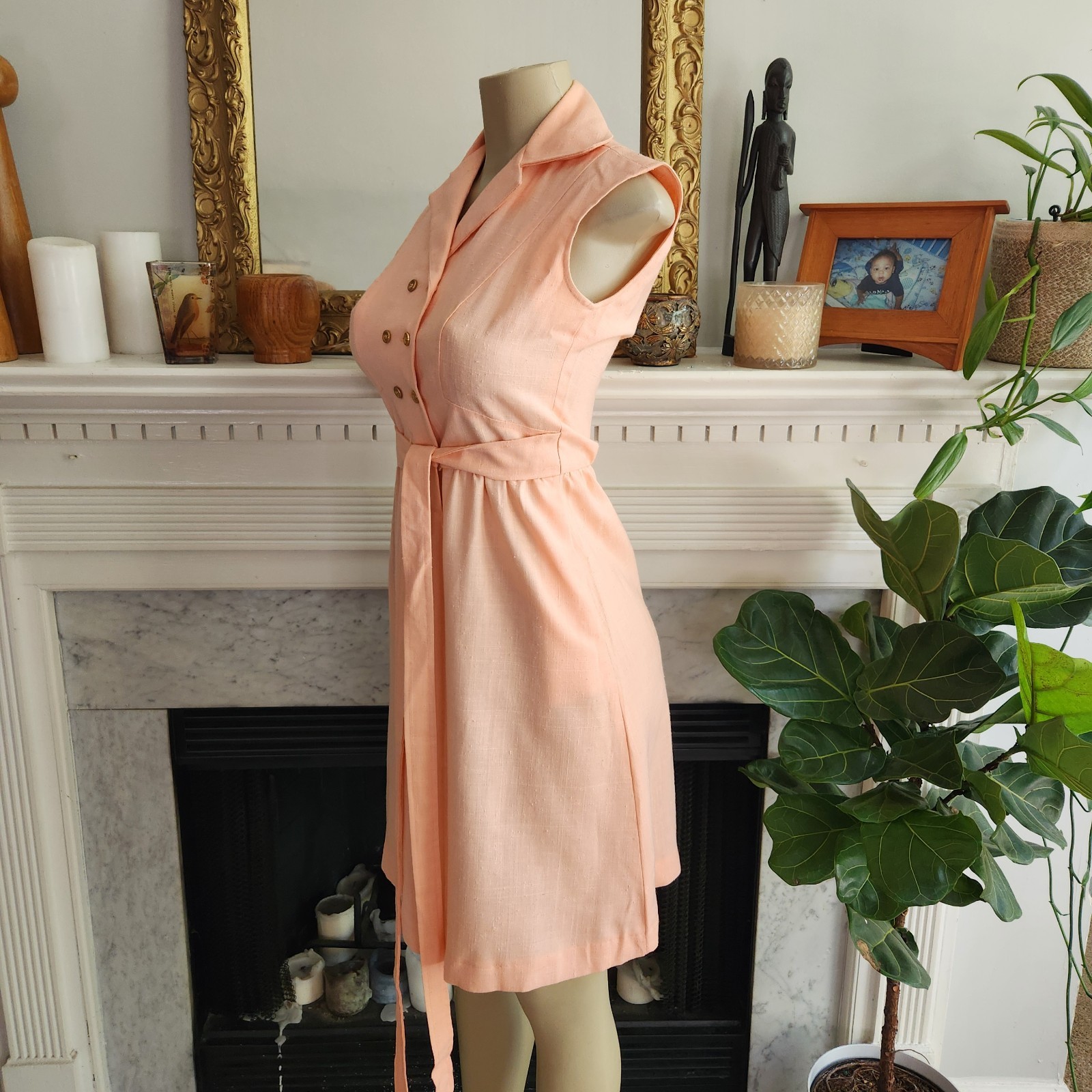 Vintage 1960s / 1970s Pastel Peach Dress Shirtdress MCM Double Breasted Sz Small