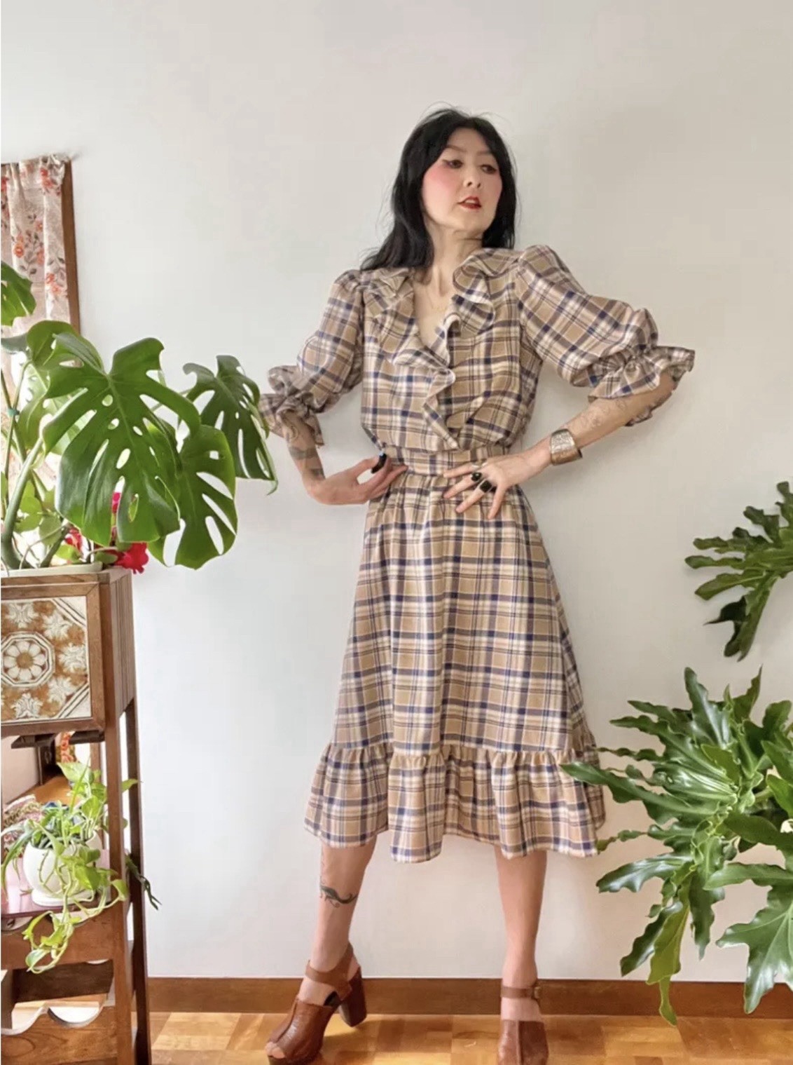VTG 70s PBJ Plaid Ruffle Puff Sleeve Prairie Dres M/L Boho Western