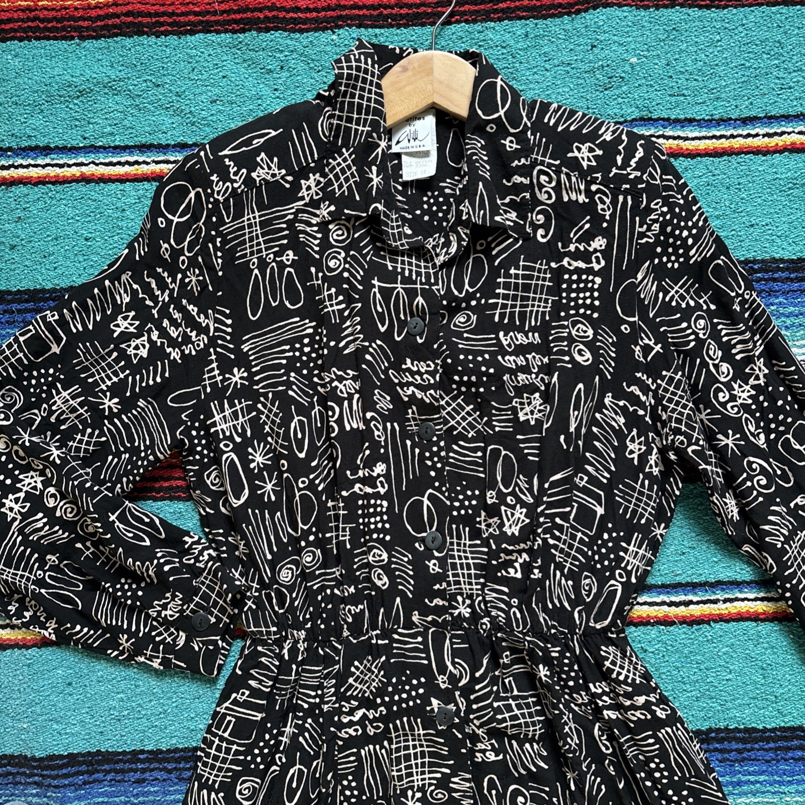 90s Squiggle Button Down Dress Petites By Willi Size 14 100% Rayon