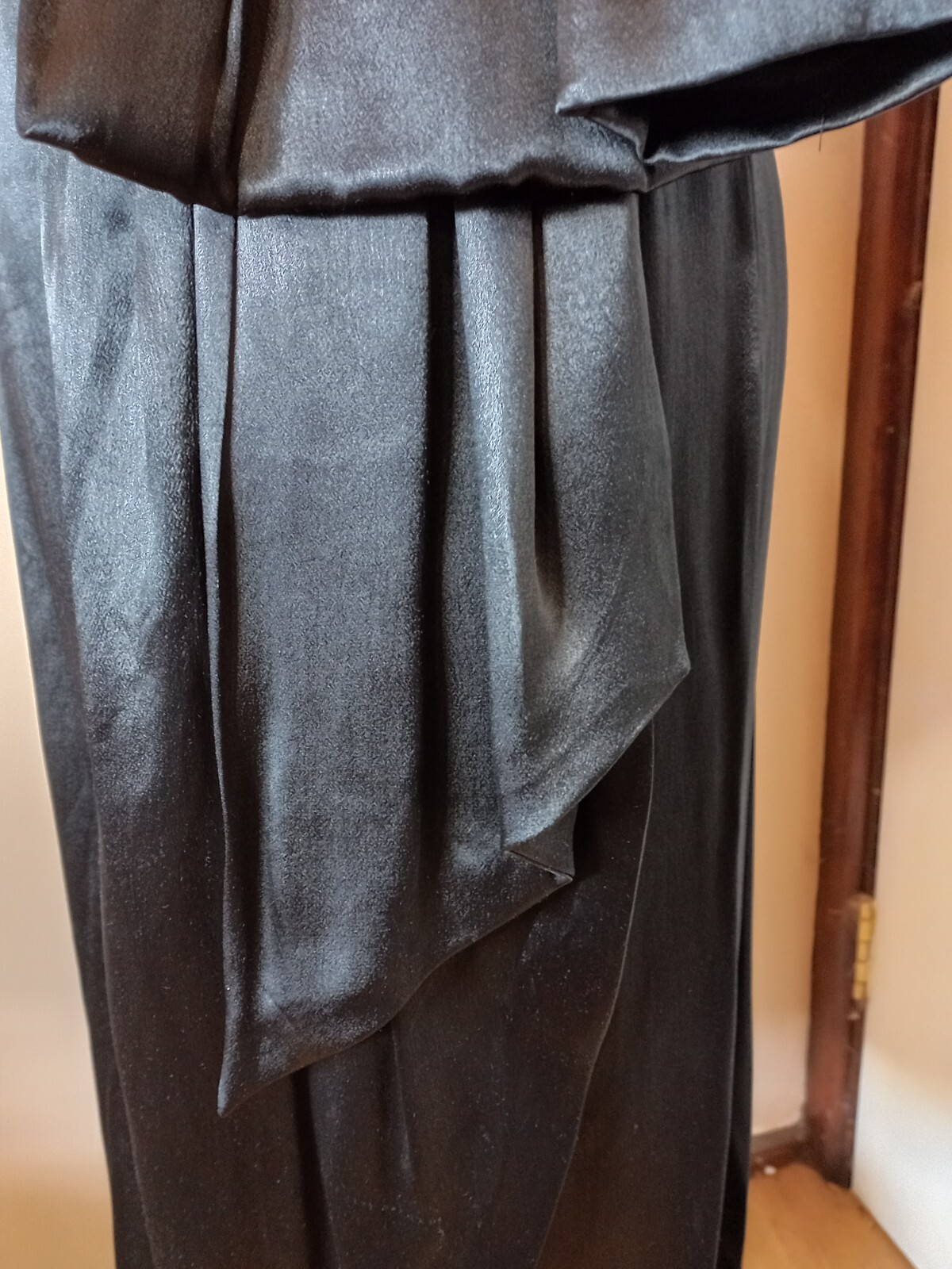 Vintage 1940s Glossy Black Satin Charmeuse Femme Fatale Film Noir Dress XS