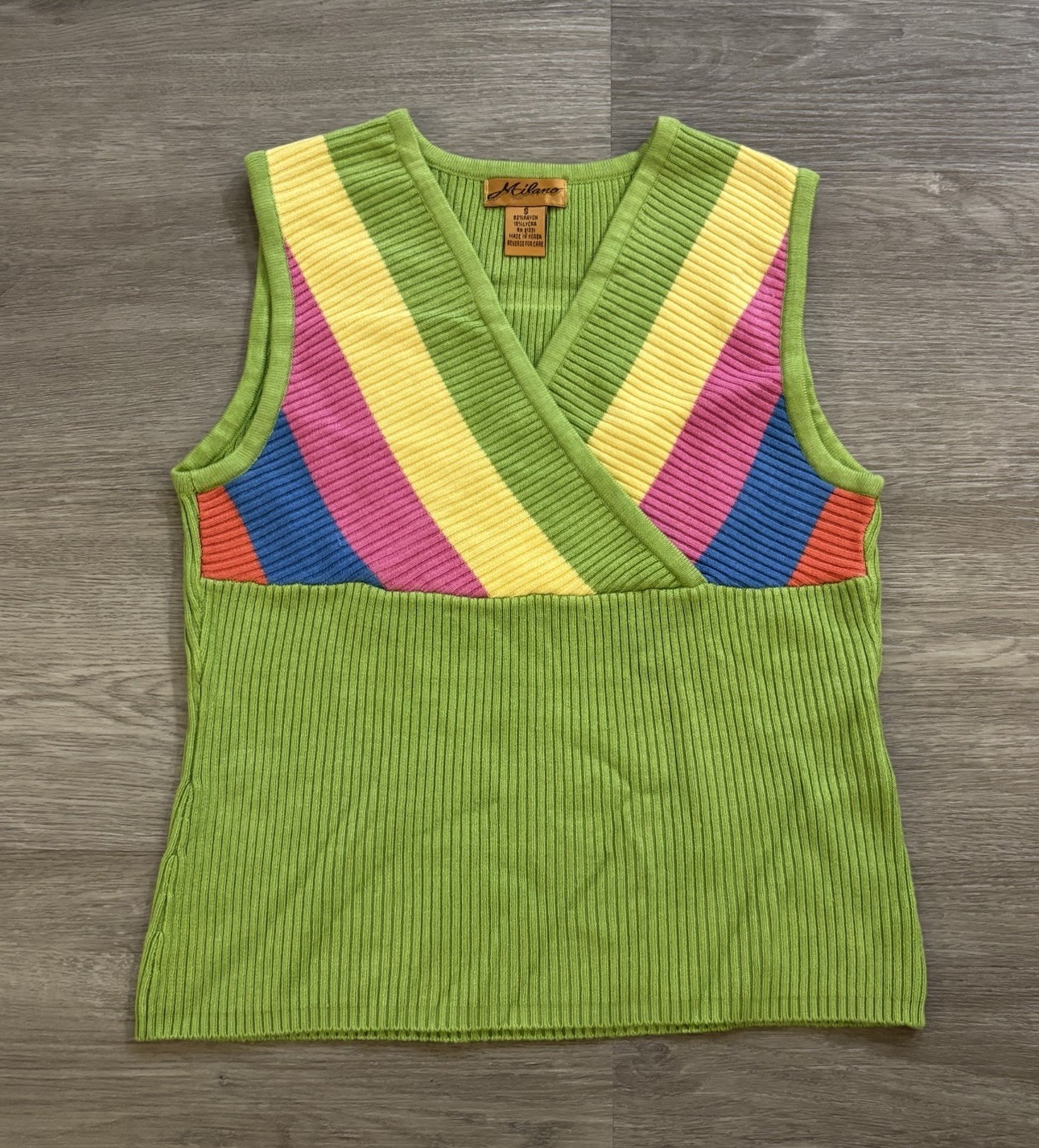 Vintage 90s Color Block Tank Top S Yellow Green Pink Lime Colorful Retro Milano