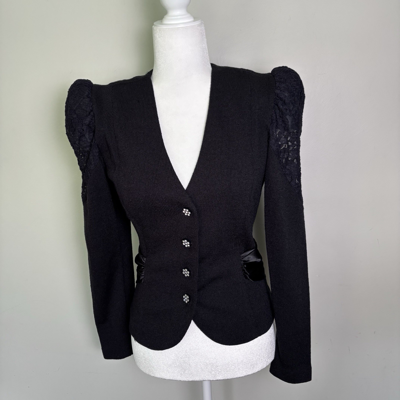 VTG Special Occasions Anthony Sicari Black Knit Blazer-Lace Puff Sleeves-Bow-8