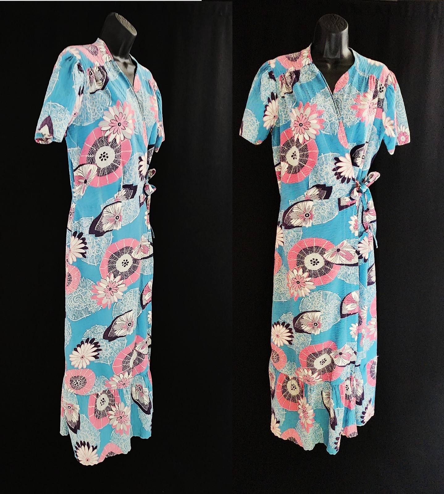 Vtg-Antique-1930’s-40s wrap Dressing Gown-Dress-Robe- cotton Art Deco floral SM