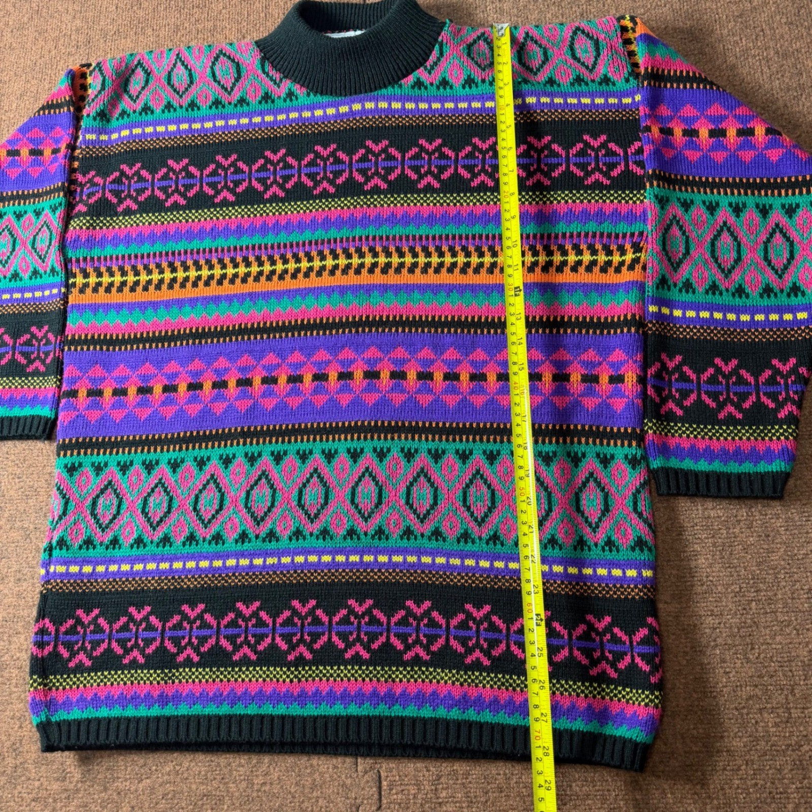 Vintage Kimberly Hunter Neon Geometric Fair Isle Mock Neck Sweater USA Made XL