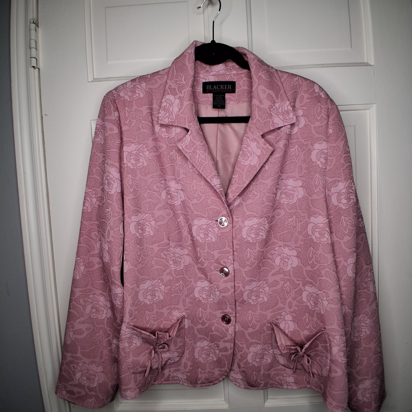 Stanley Blacker Pink Rose Sz 18 Jacquard Floral Spring Coquette Bow Blazer Vtg