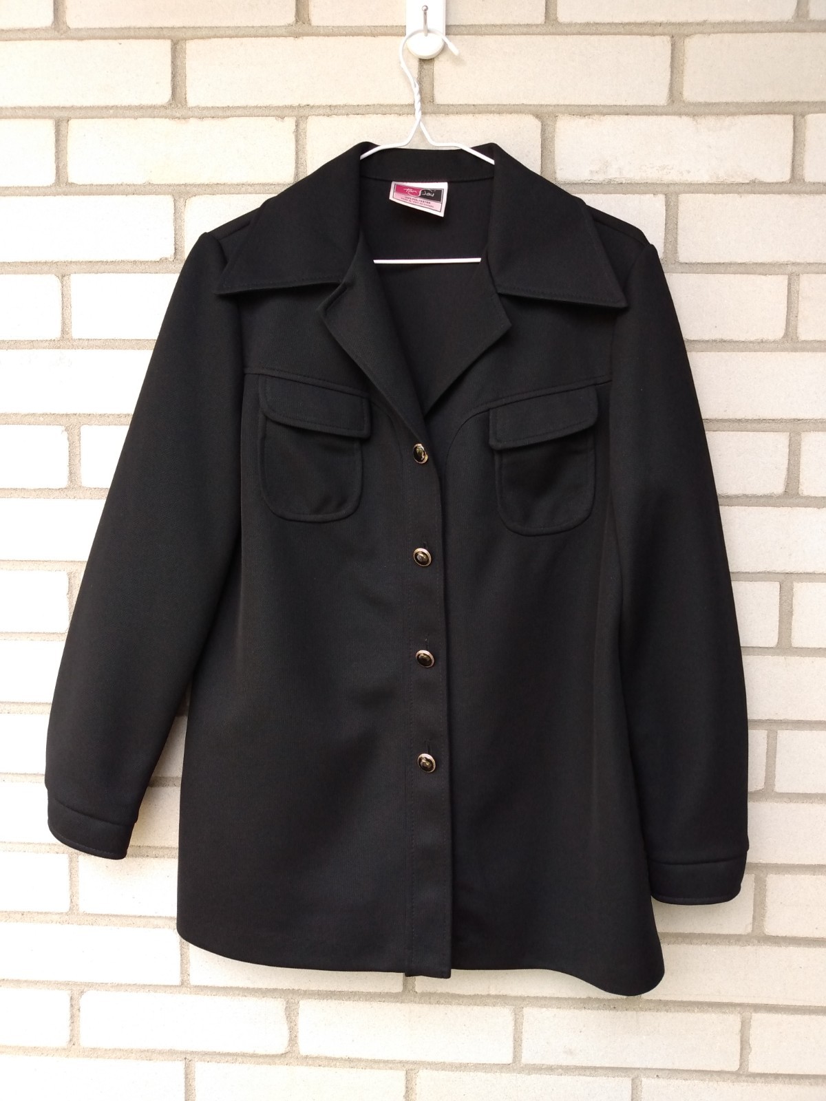 Vintage 70s Black Polyester Shirt Jacket Wide Butterfly Collar 40.5″ Bust Retro