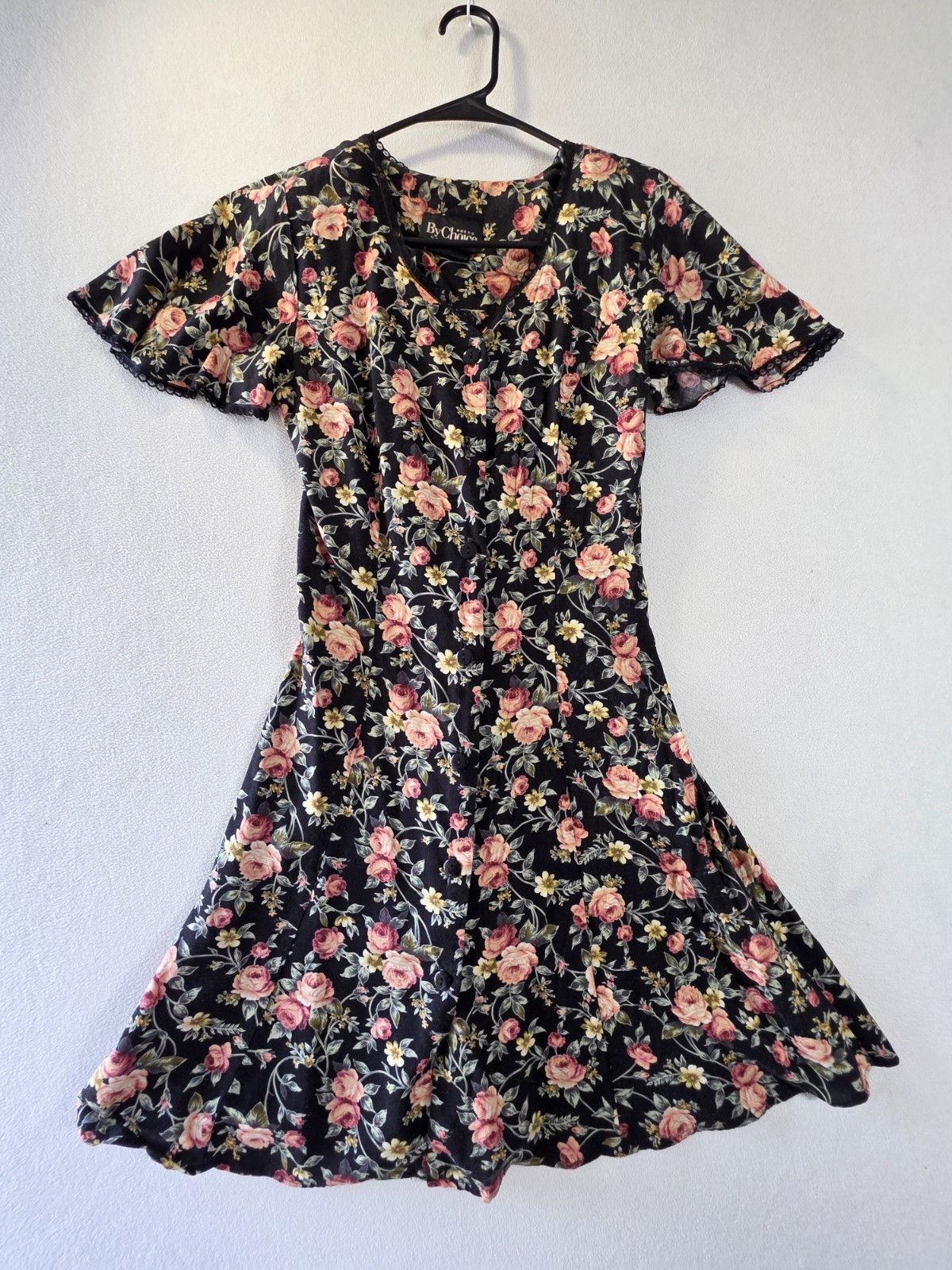 Size XS- Vintage 90s By Choice California Floral Rayon Dress Black Rose Mini