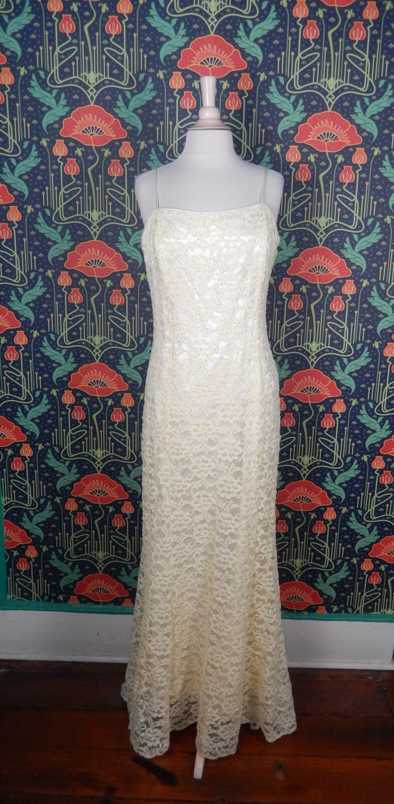 Vintage 90’s Y2K Ivory White Satin Lace Gold Glitter Prom Slip Gown Dress