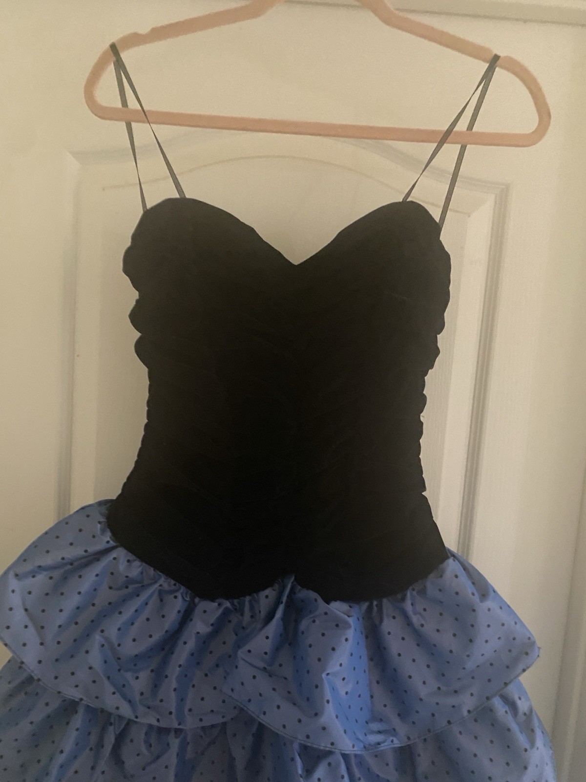 VTG Y2K My Michelle Strapless Black Velvet Bodice Polka Dot Tiered Dress 11/12