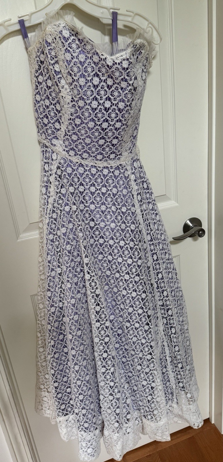 Vintage 1952 Strapless Formal Party Dress Purple W/ Lace Over Lay Size S