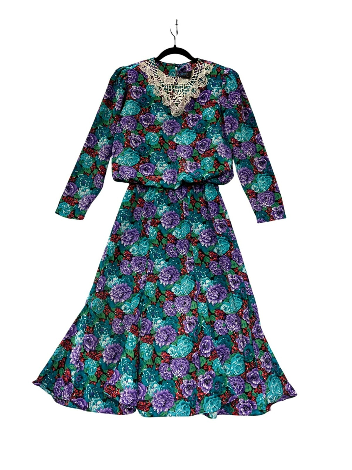 Vintage Medium 80s Starlo Floral Dress With Crochet Lace Collar #8017