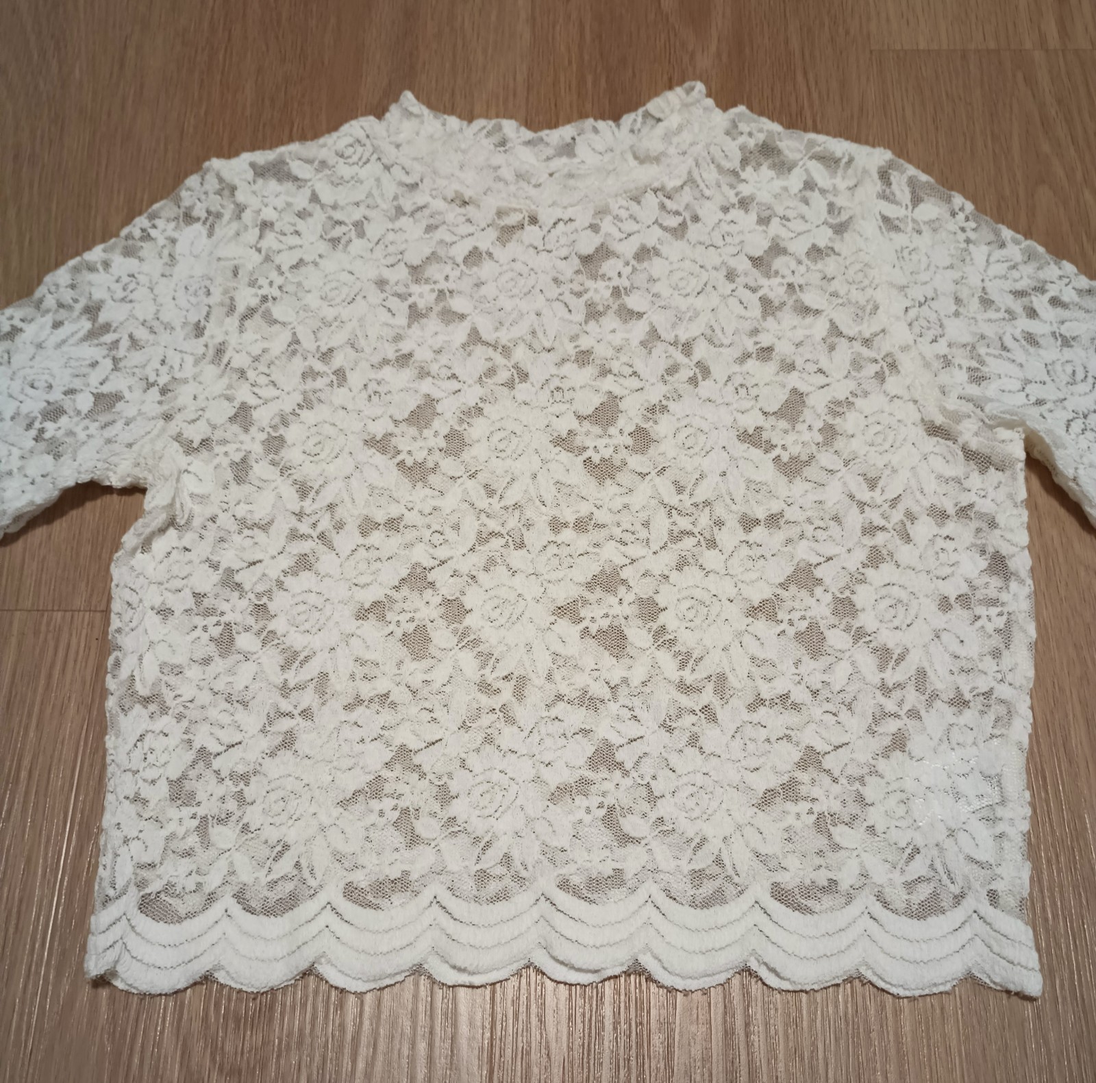 Vtg 90s Stretchy Sheer Crochet Lace Mesh Mock Neck White Cropped Top boho S