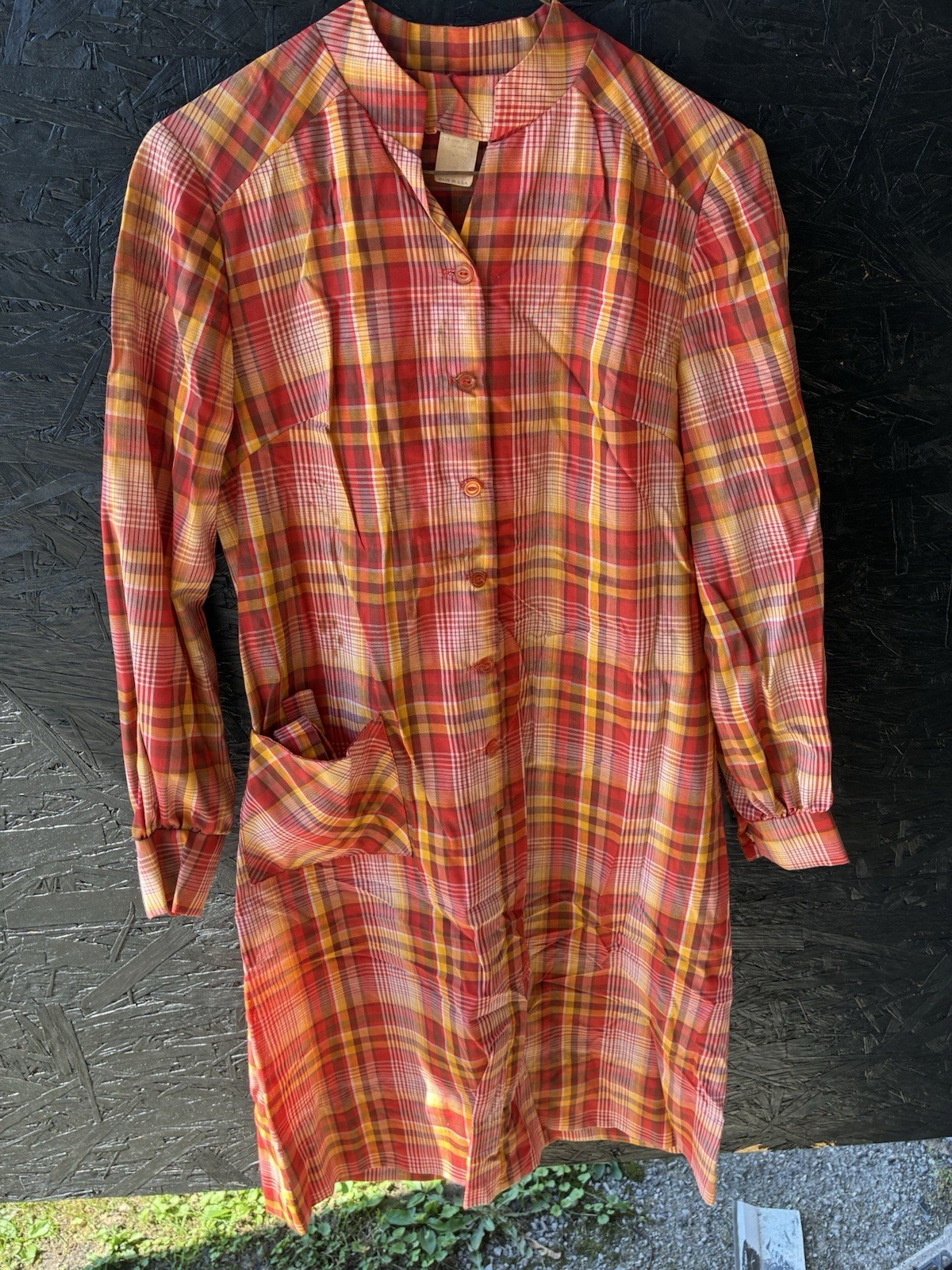 Vtg 60s Orange/Yellow Plaid Dress Dan River Nancy Frock 1 Pockets Button Up!