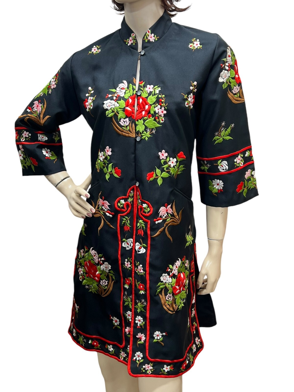 Vtg Sz S Oriental TUNIC Jacket Coat Hostess Robe Black Embroidered Philippines