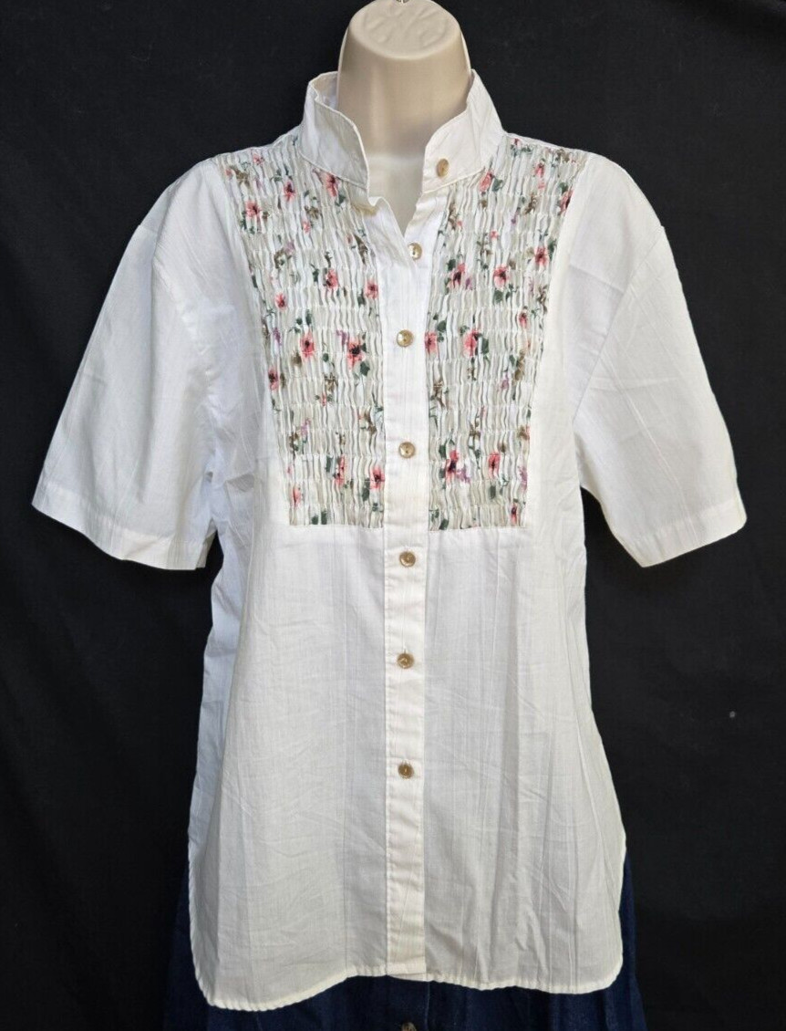 Vtg 80s Tap & Co Boho Hippie Button Blouse Stand Up Collar Floral Yoke L