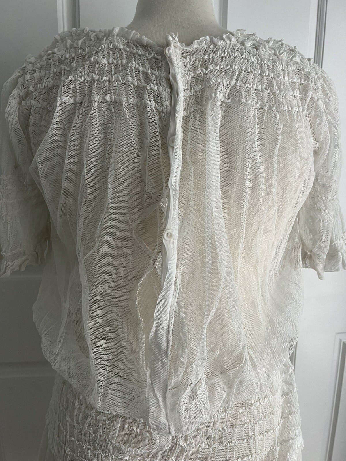 Vintage 1920s White Mesh Tulle Smocked Drop Waist Tunic Style Dress