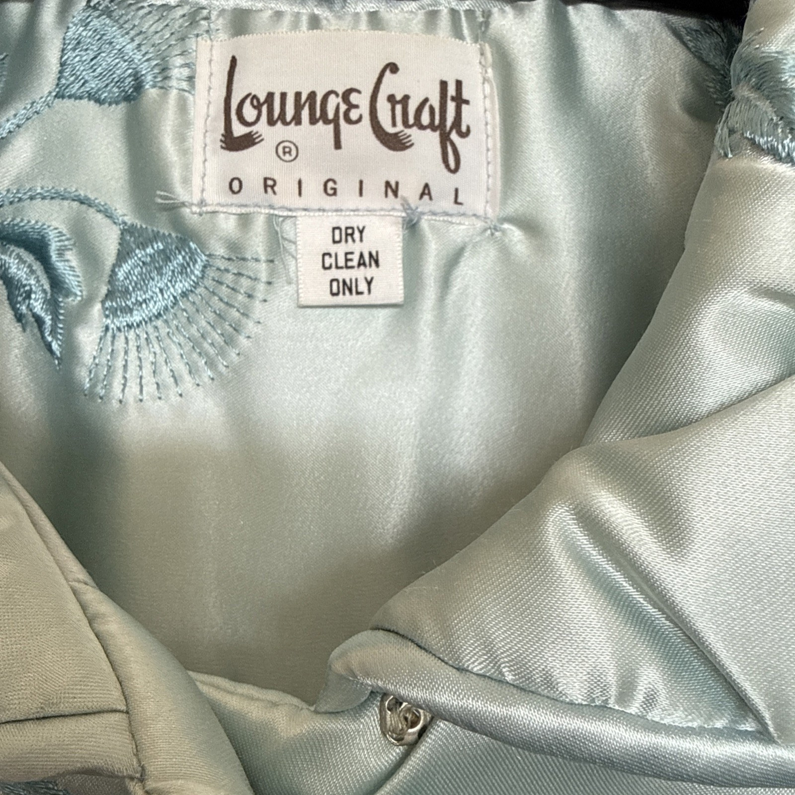 WOW! Vintage Lounge Craft Satin Blue Embroidered Maxi Robe S/M STUNNING & Mint