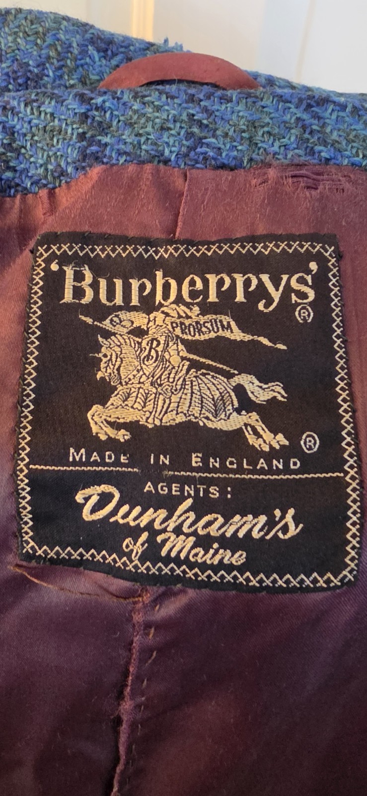 Vtg Burberrys’ Womens Tweed Blue Green Wool UK Agents Dunham’s Of Maine