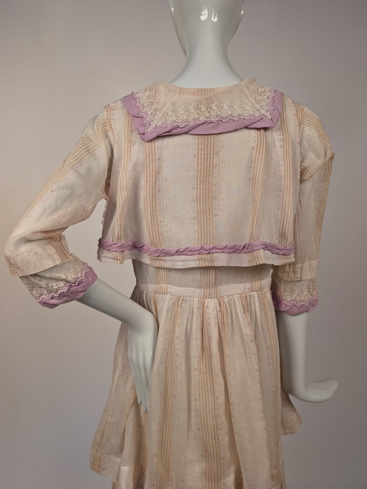 EDWARDIAN STRIPED MUSLIN DRESS W LAVENDER SILK EDGING + TRIPLE TIERED SKIRT