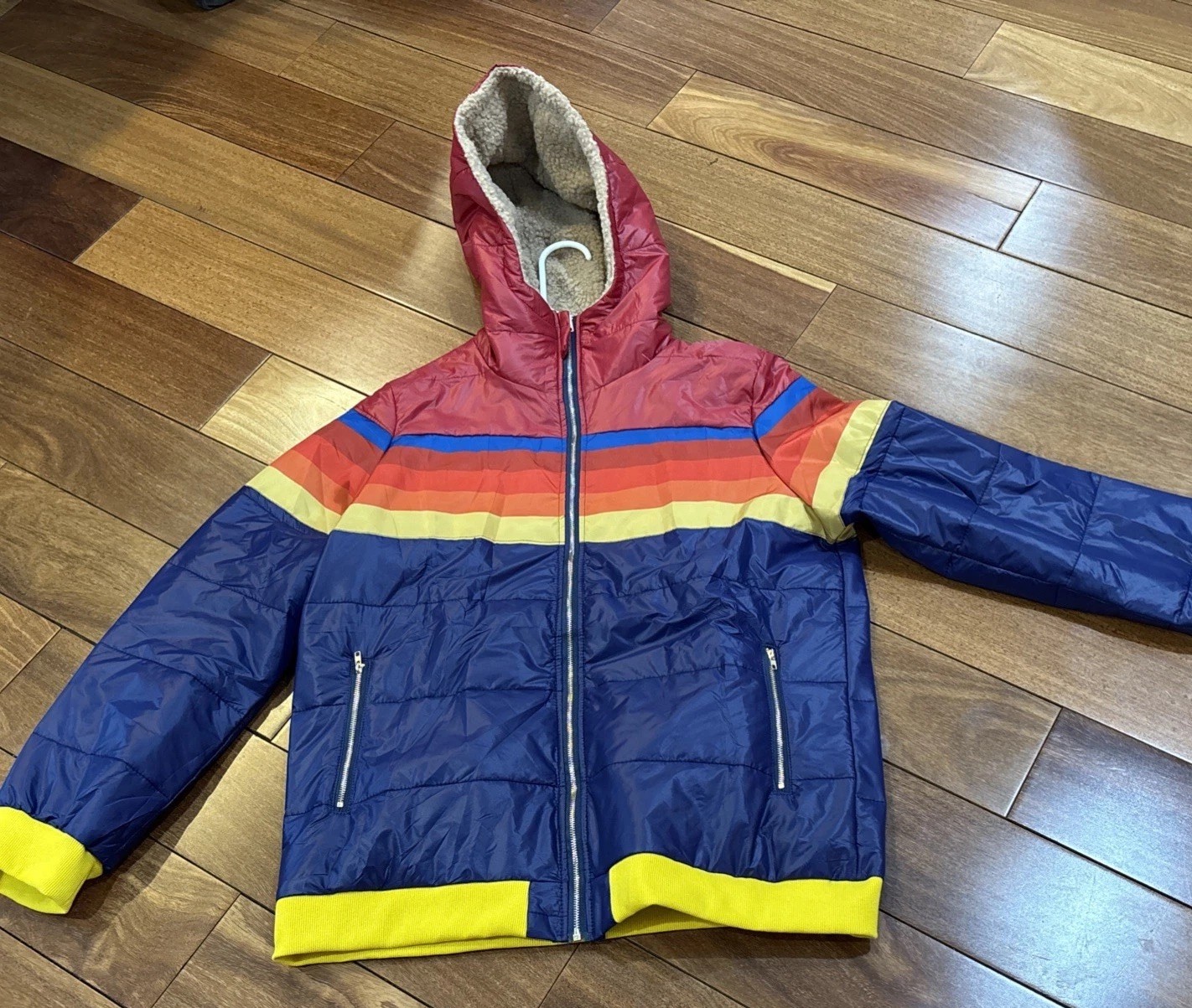 Vintage 70s Rainbow Striped Puffer Jacket Sherpa Hood Ski Coat Marked 2XL-READ
