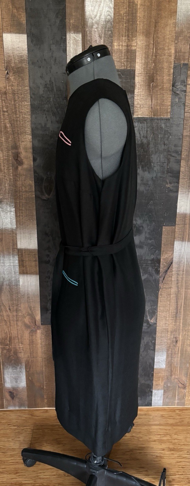 VTG 60s 70s Handmade Black Silk Shantung Shift Dress Minimalist Belted M/L