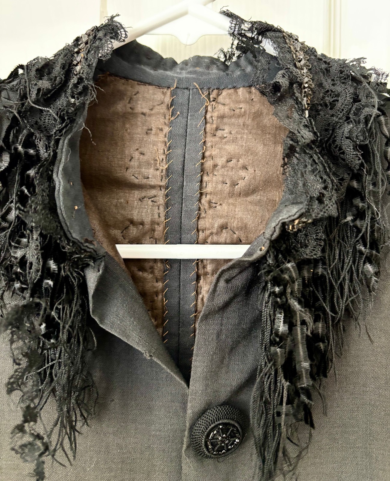 Antique Victorian Mourning Mantle Dolman Jacket Black Silk Jet Beaded c.1890s
