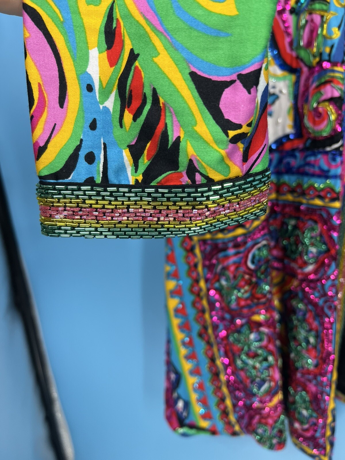 VINTAGE DIANE FREIS BEADED COTTON ABSTRACT PRINT JACKET W BEADS AND SEQUINS