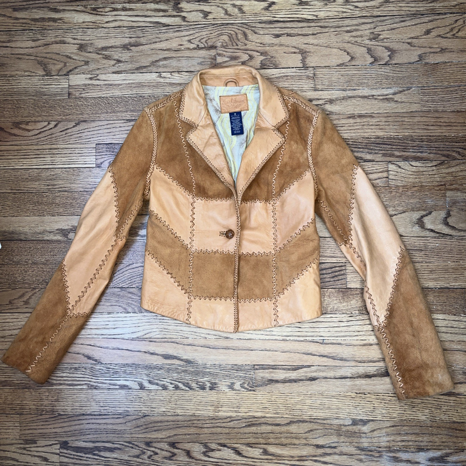 Earl Jeans VTG. Whip Stitch Leather Jacket Women Sz. M Rustic Tan Boho Festival