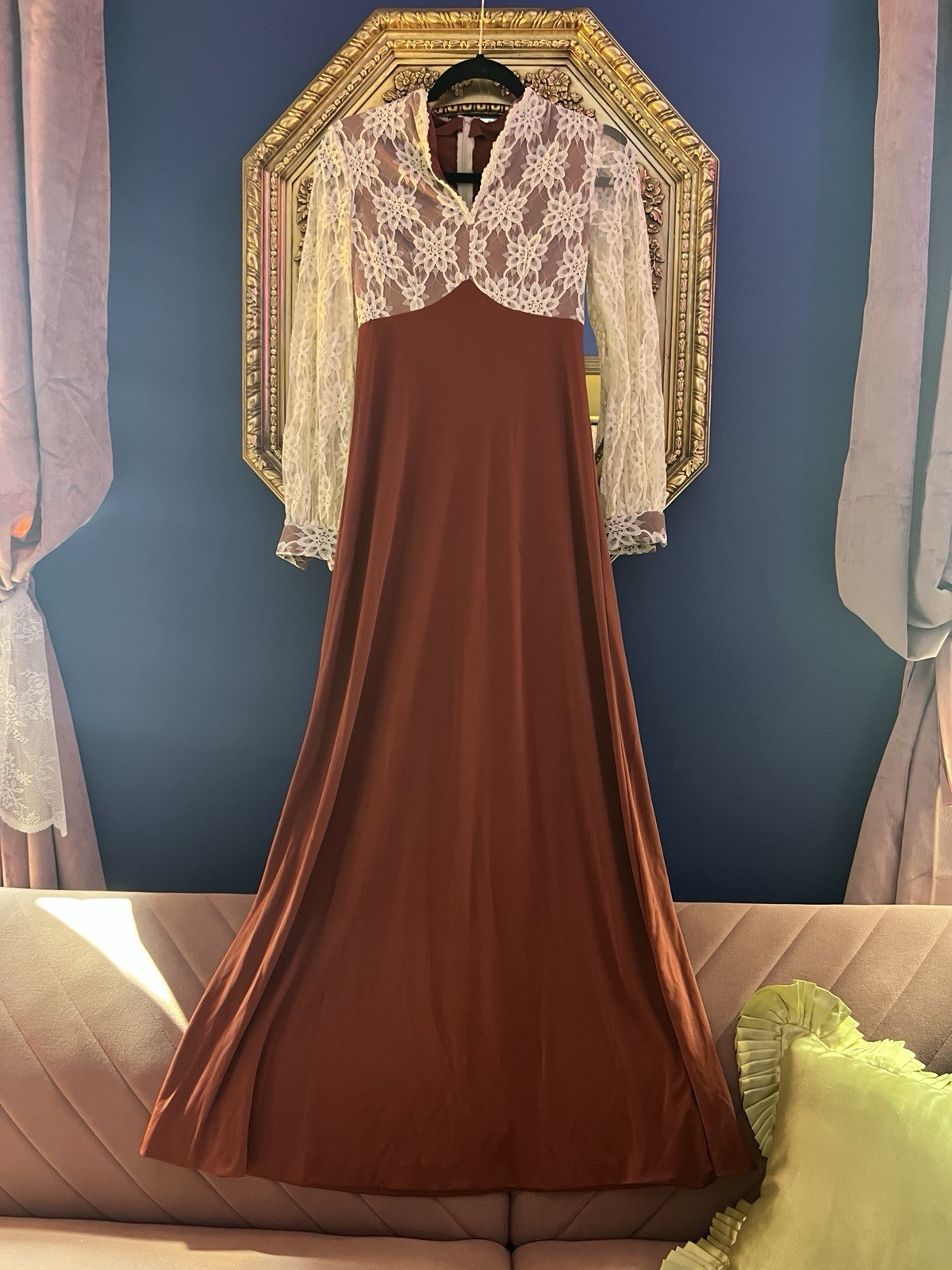 Handmade Vintage Dress 70s Cream Lace Rust Burgundy Gown Maxi Long Sleeve S/M