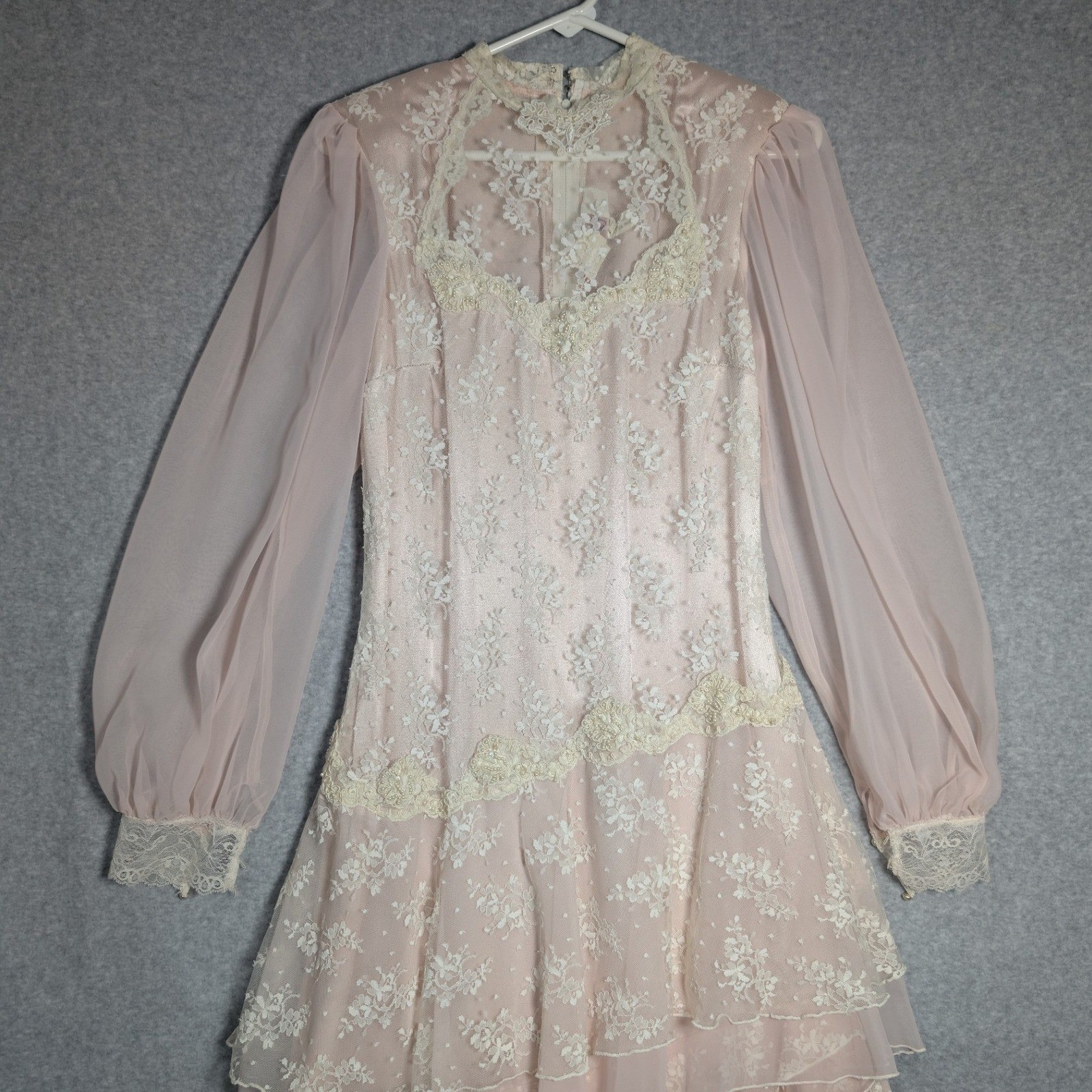 Susan Lane Country Elegance Dress Womens 12 Pink Vintage Lace Tiered Maxi