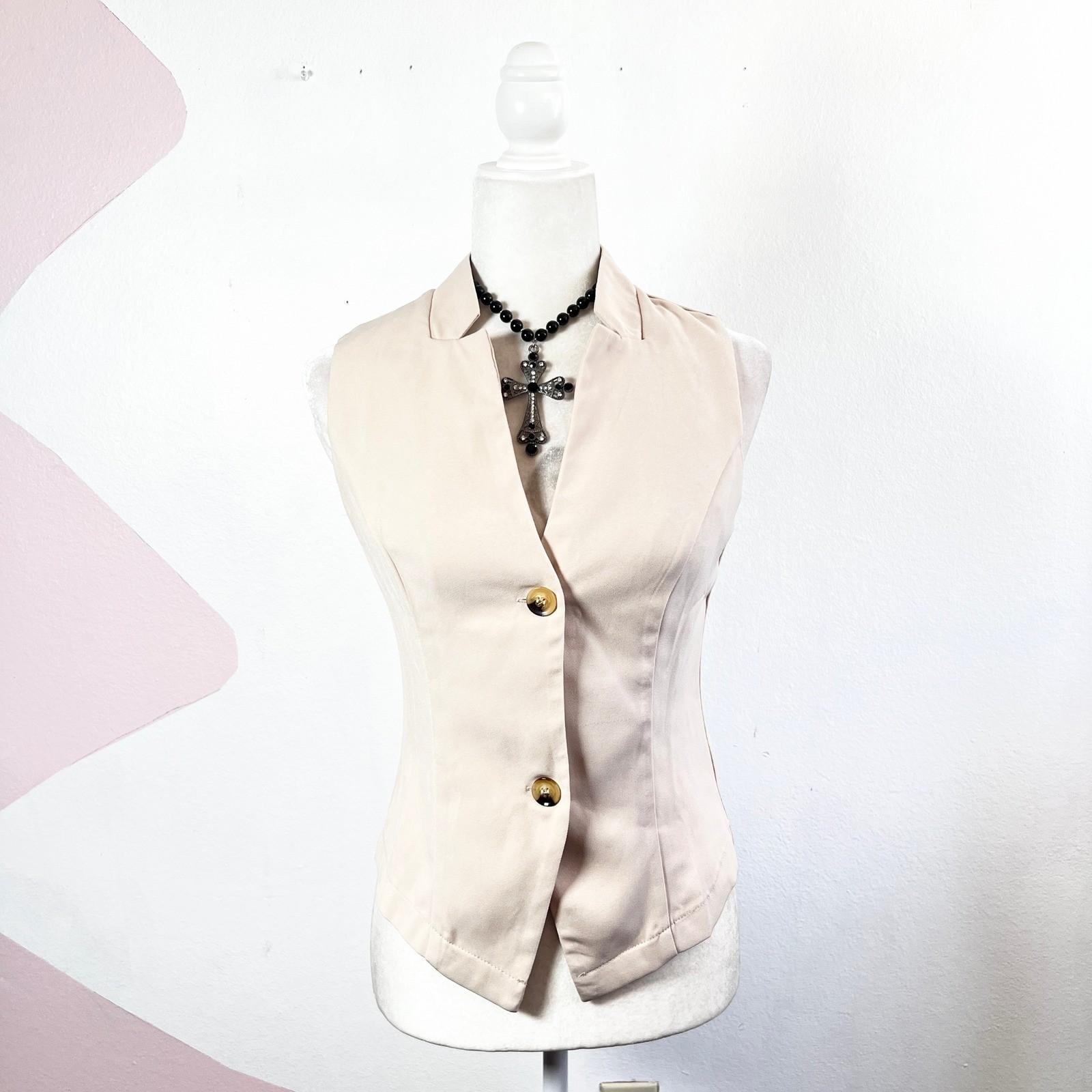 Beige Button Front Vest Sz Small Preppy Western Cowgirl Festival
