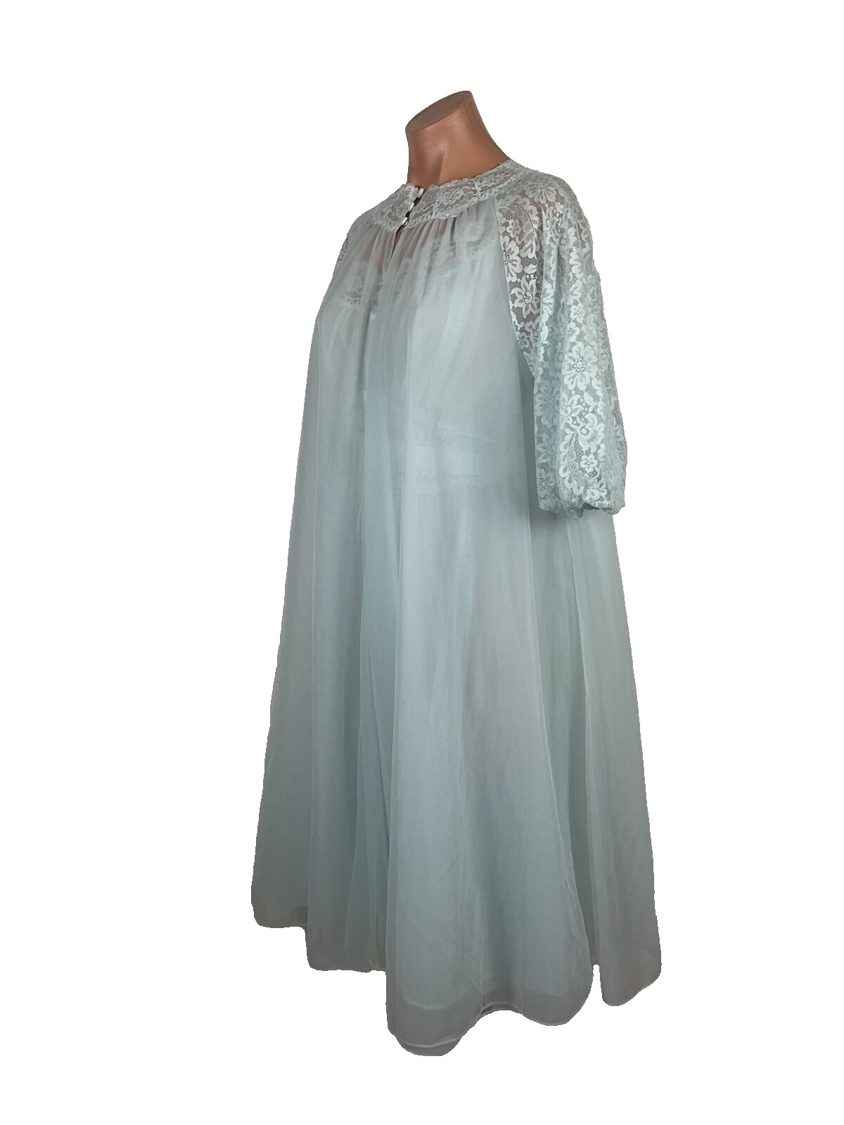 VTG PERMA PLEAT CHIFFON LACE 200″ SWEEP Peignoir ROBE Gown Cape 3pc Set RARE!!!