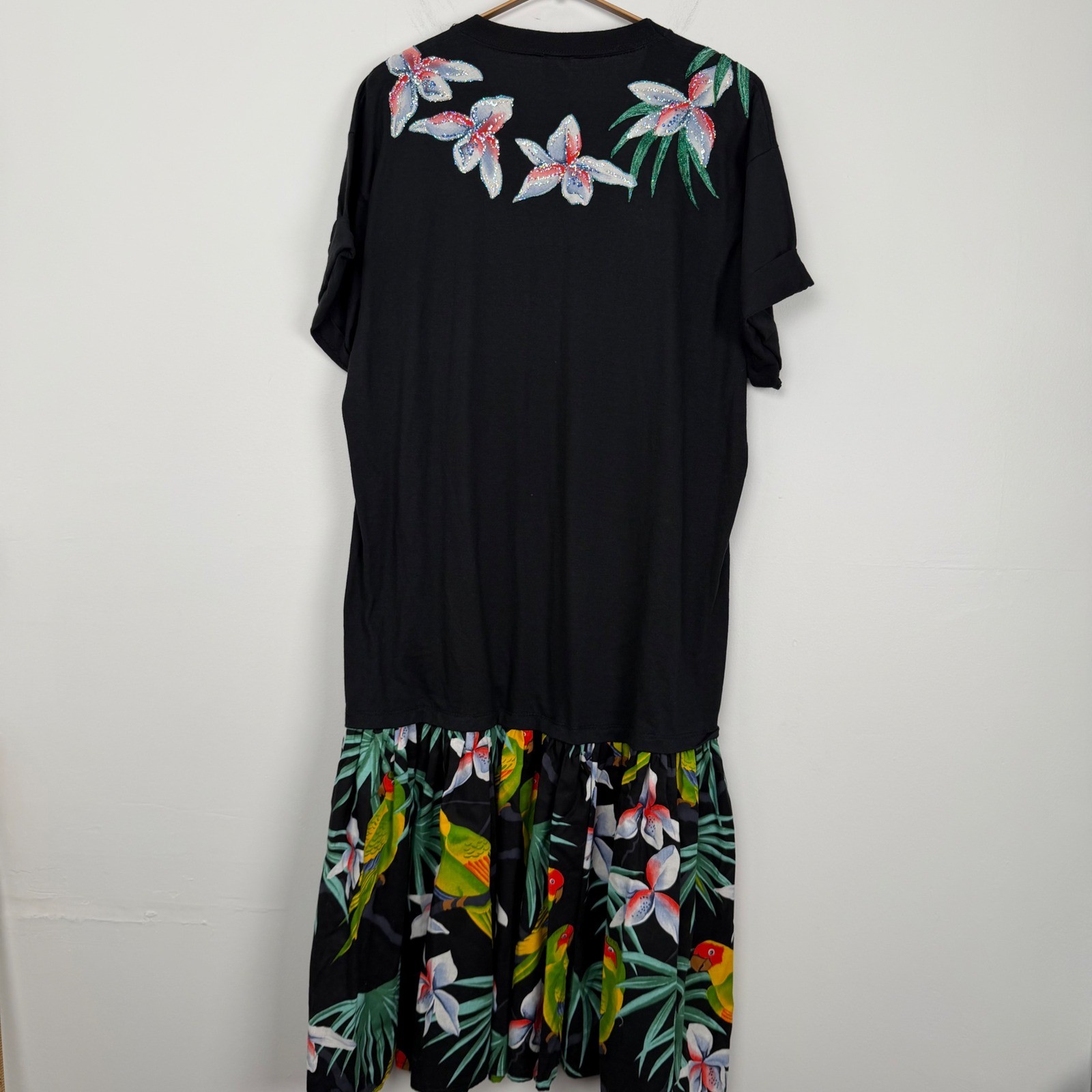 Vintage Jerzees Tropical Wearable Art Parrot Glitter T-Shirt Dress Black XXL 90s