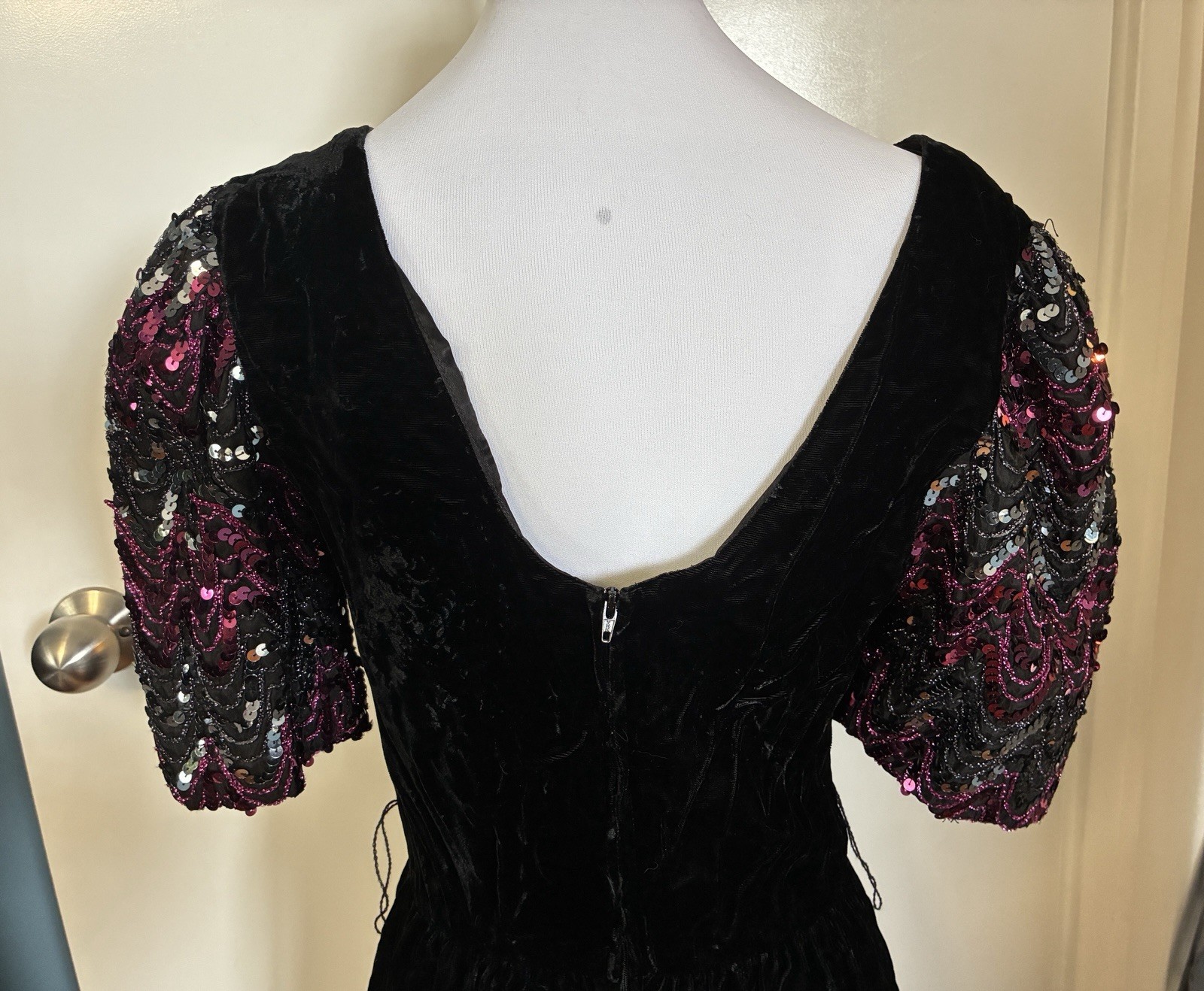 Vintage 80s Black Velvet Sequinned Sleeve Dress Small