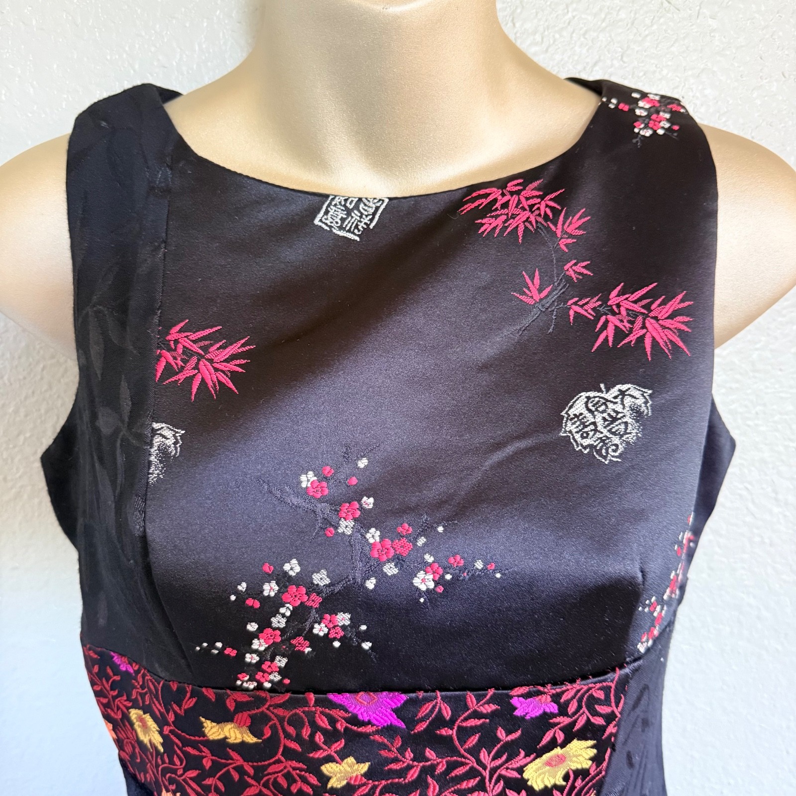 VTG 90s Asian Whimsigoth Patchwork Floral Brocade & Velvet Sheath Dress Size 2P