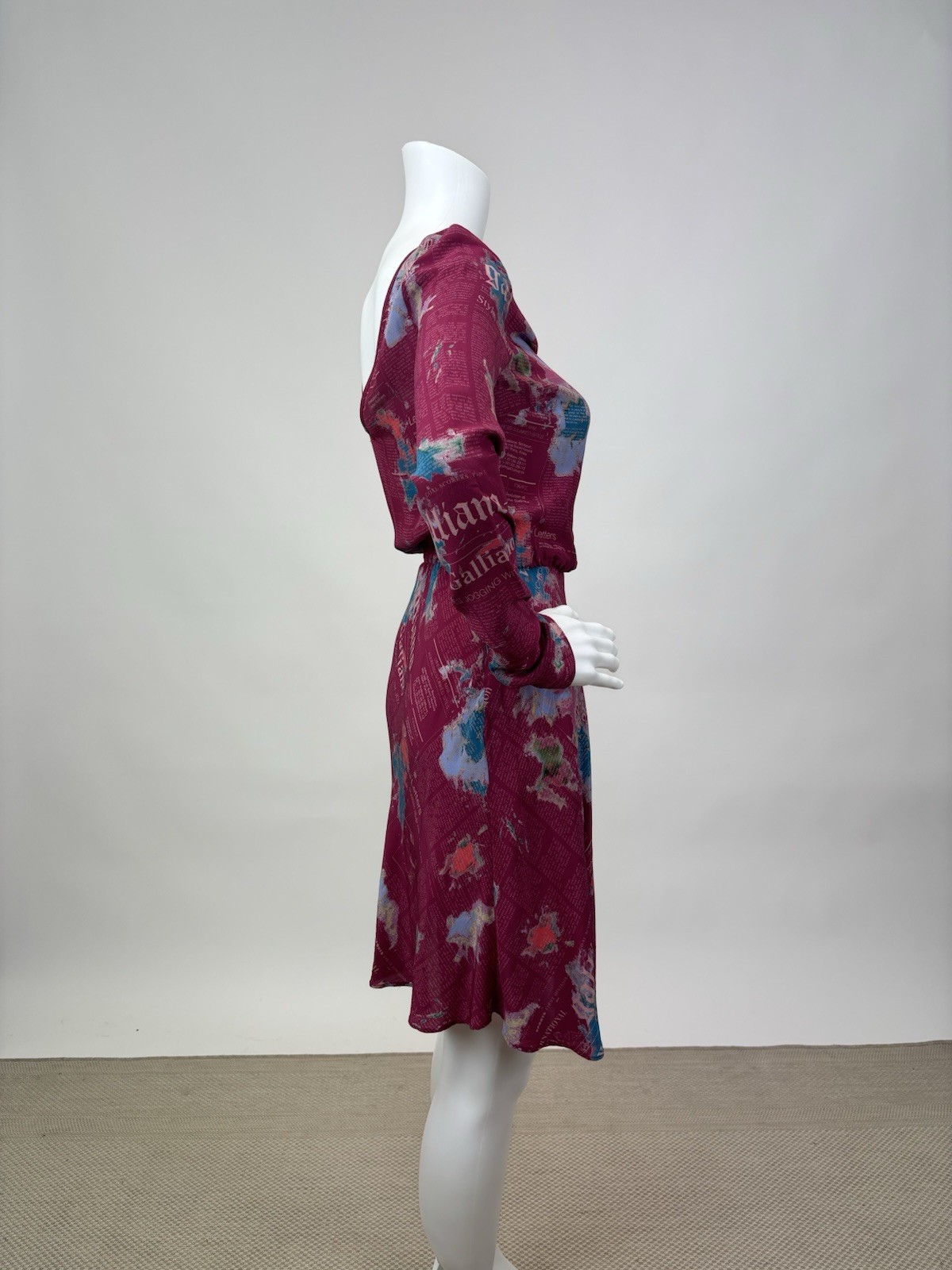 Vintage Rare Galliano Pink and Blue Newsprint Long sleeve Dress Sheer 100% Silk