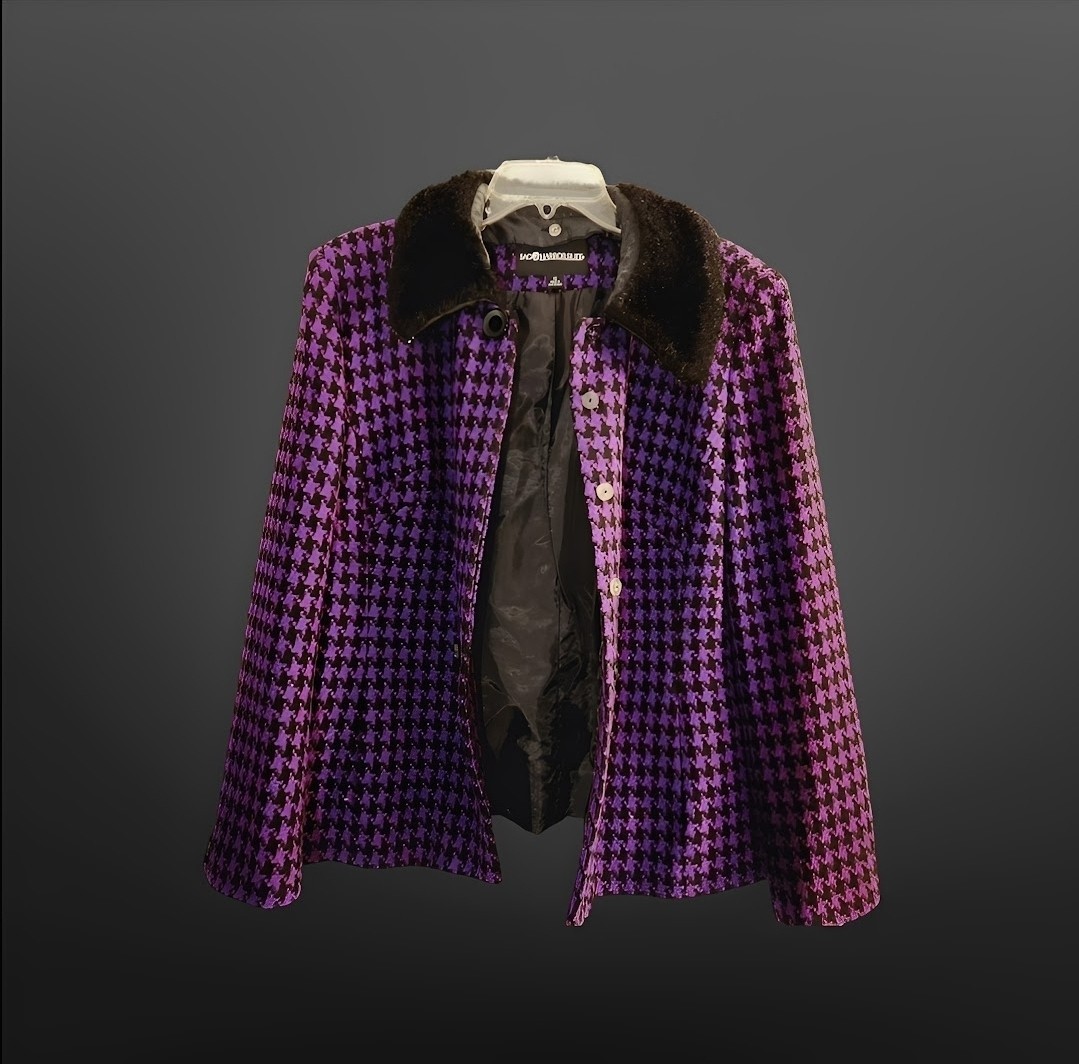 Vintage Ladies Sag Harbor Coat Purple Black Plaid Fur Color Wool Button-Up Coat