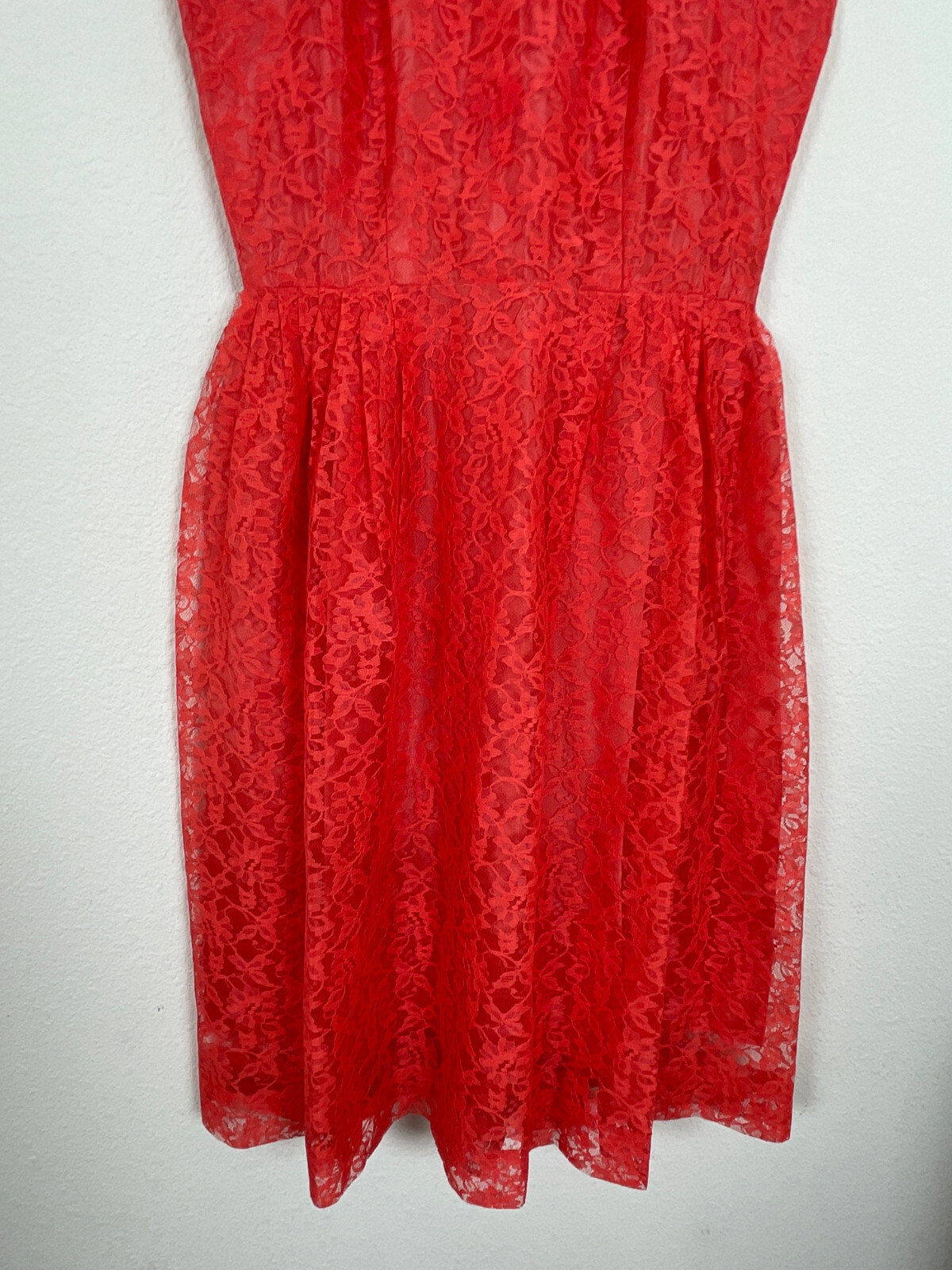 Vtg 50s CORAL LACE Dress J. Harlan Rockabilly Pinup Red Party Sheer Sexy 1950s