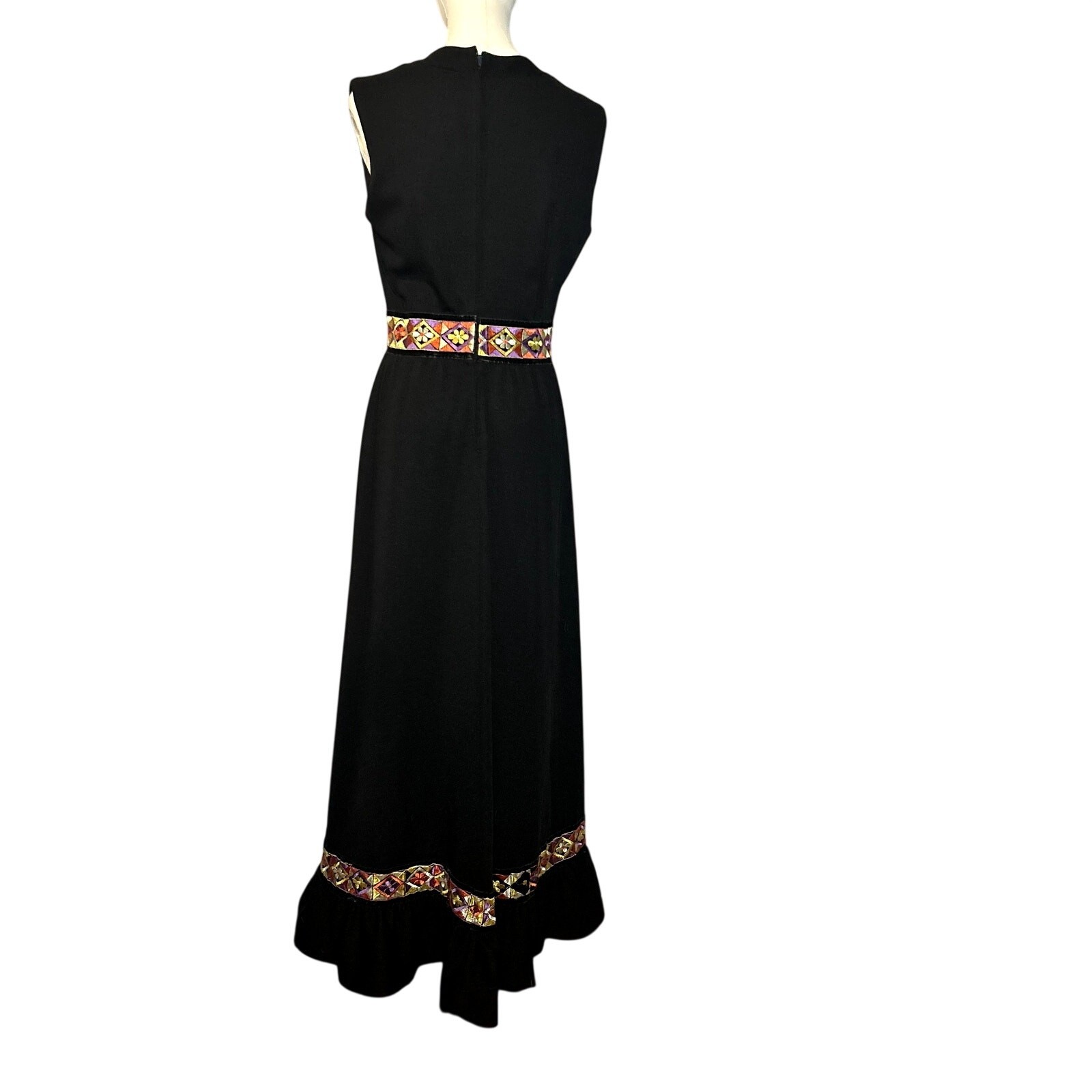 VTG 70s Black Folk Maxi Dress Embroidered Velvet Trim Ruffle Boho Hostess Small