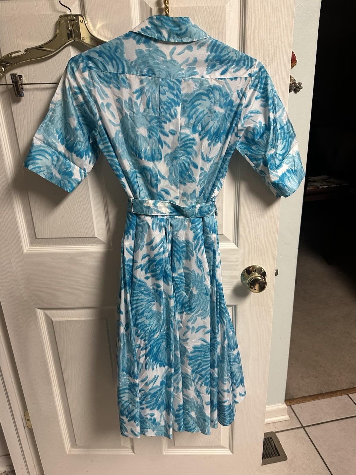 VNT 50s Martha Clyde Watercolor Floral Pleated Housewife Belted Blue White Dress