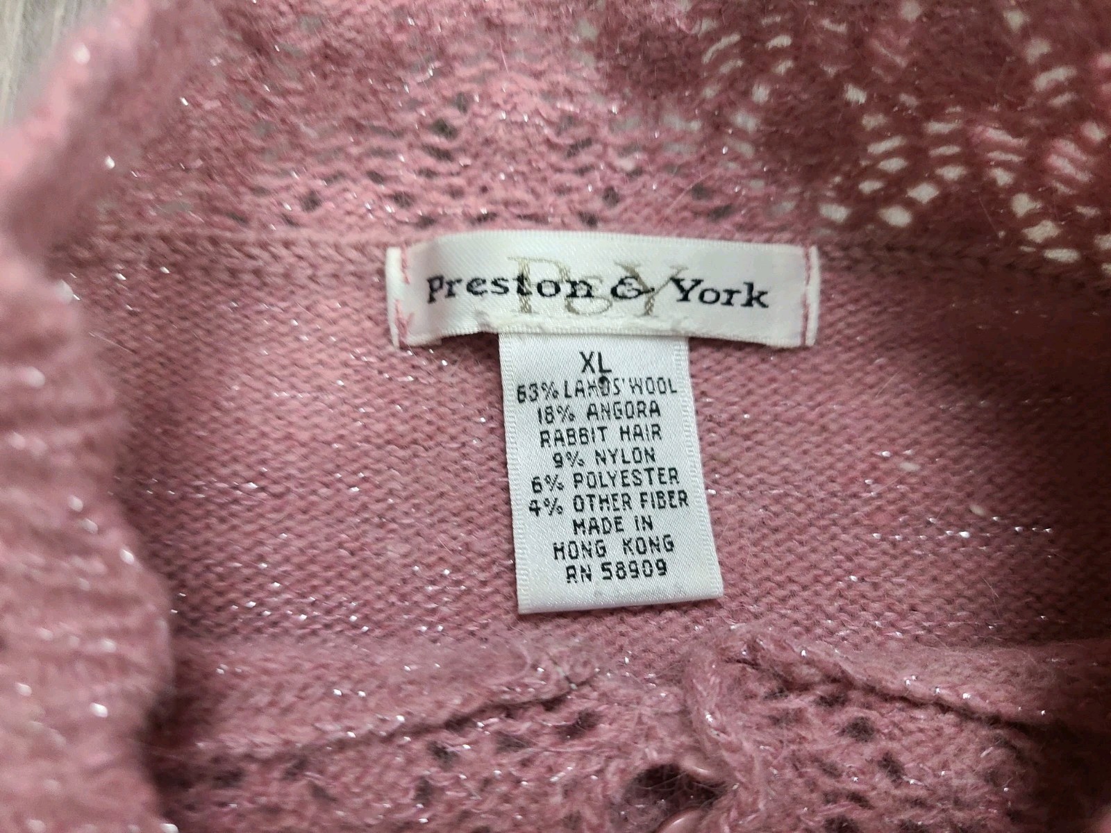 Vtg Preston & York Womens XL Mock Neck Sweater Wool Angora Sparkly Pink Winter